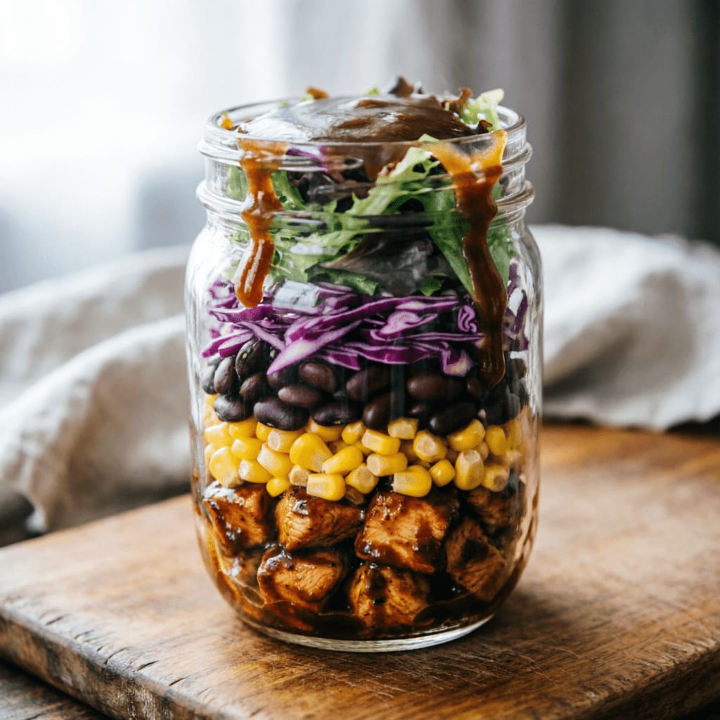 BBQ Chicken Salad jar with corn, black beans, and smoky barbecue dressing