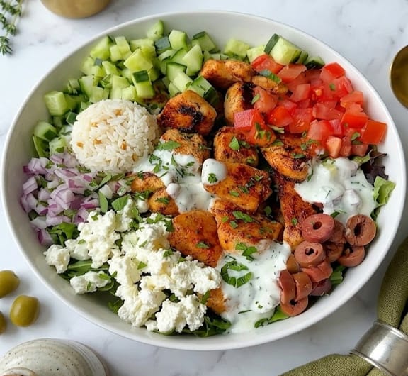 A Quick Greek Chicken Bowl Recipe (with rice)