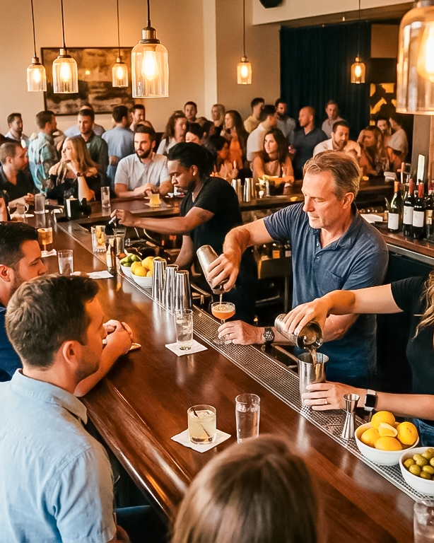 Bustling bar with bartenders serving customers