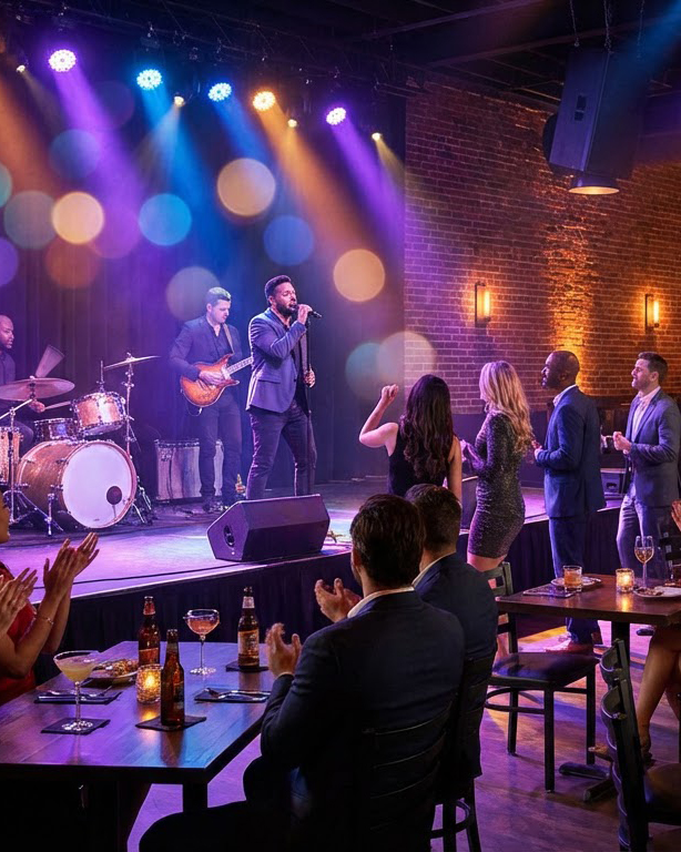 Live entertainment venue with people at tables