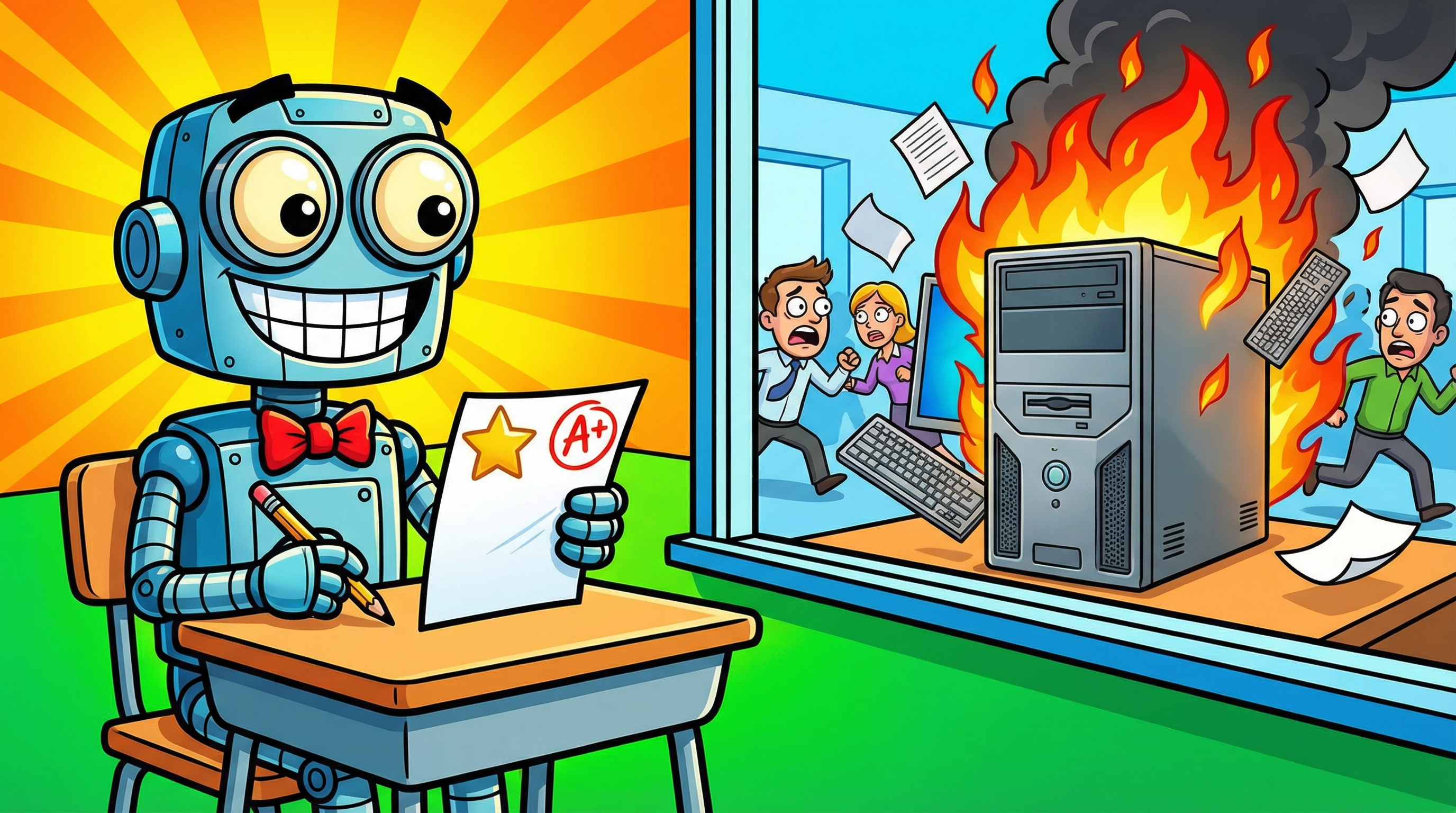 Cartoon robot acing an exam while a computer catches fire unnoticed behind it