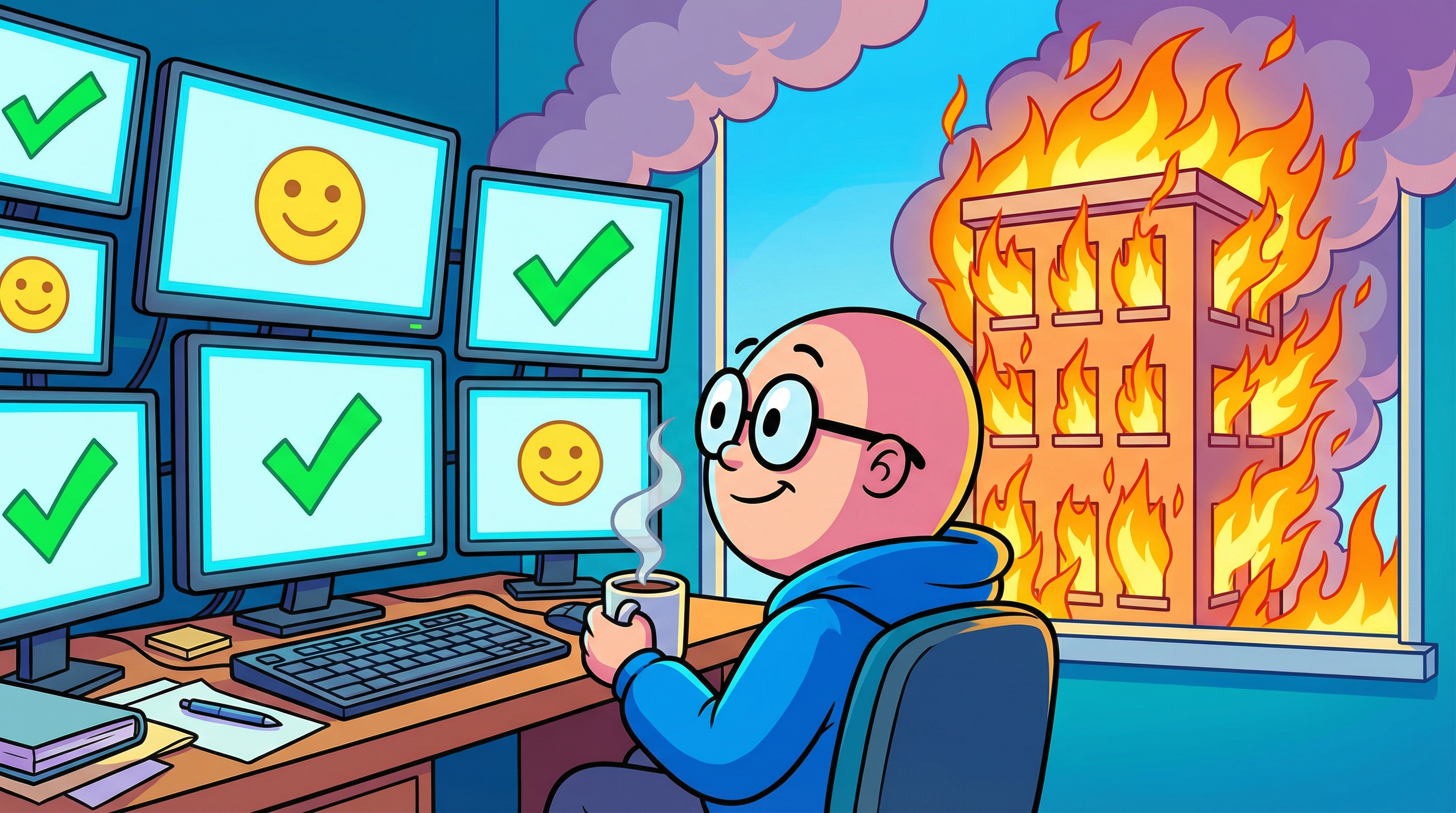 Person sipping coffee at green monitors while the entire building burns behind them