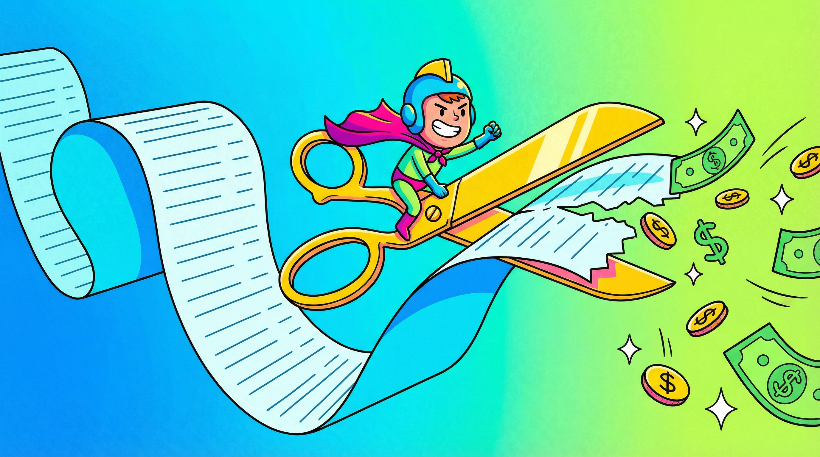 Tiny cartoon hero riding giant scissors cutting through an enormously long receipt