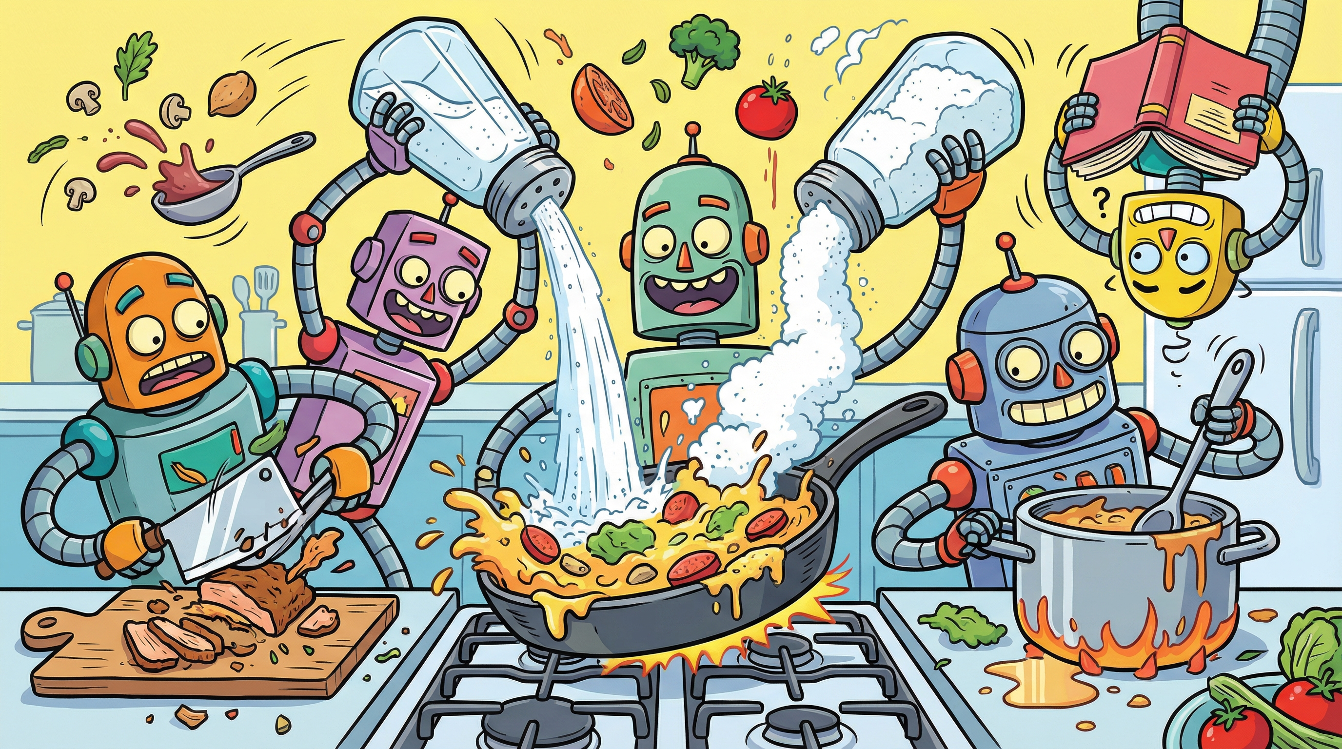 Five cartoon robots causing chaos in a kitchen all trying to cook the same dish