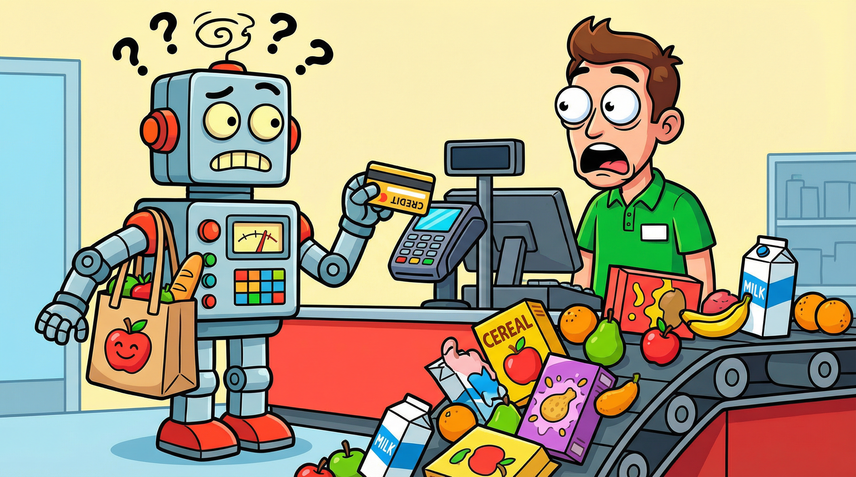 Confused cartoon robot holding a credit card upside down at a supermarket checkout