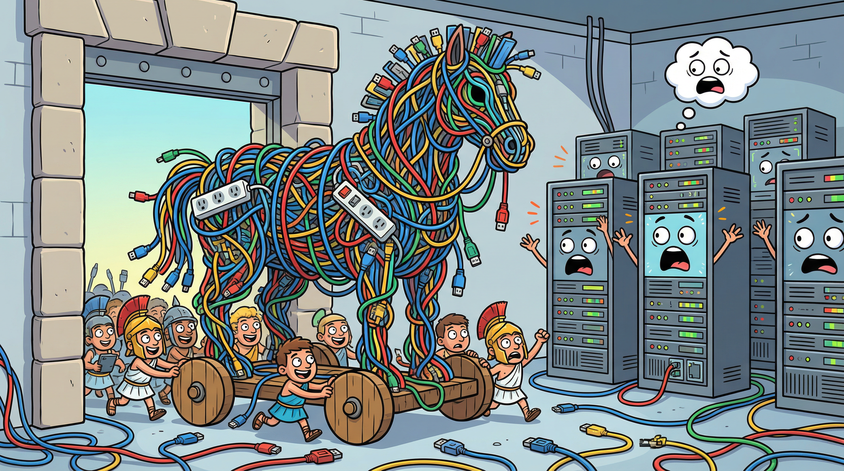 Giant Trojan horse made of USB cables being wheeled into a server room