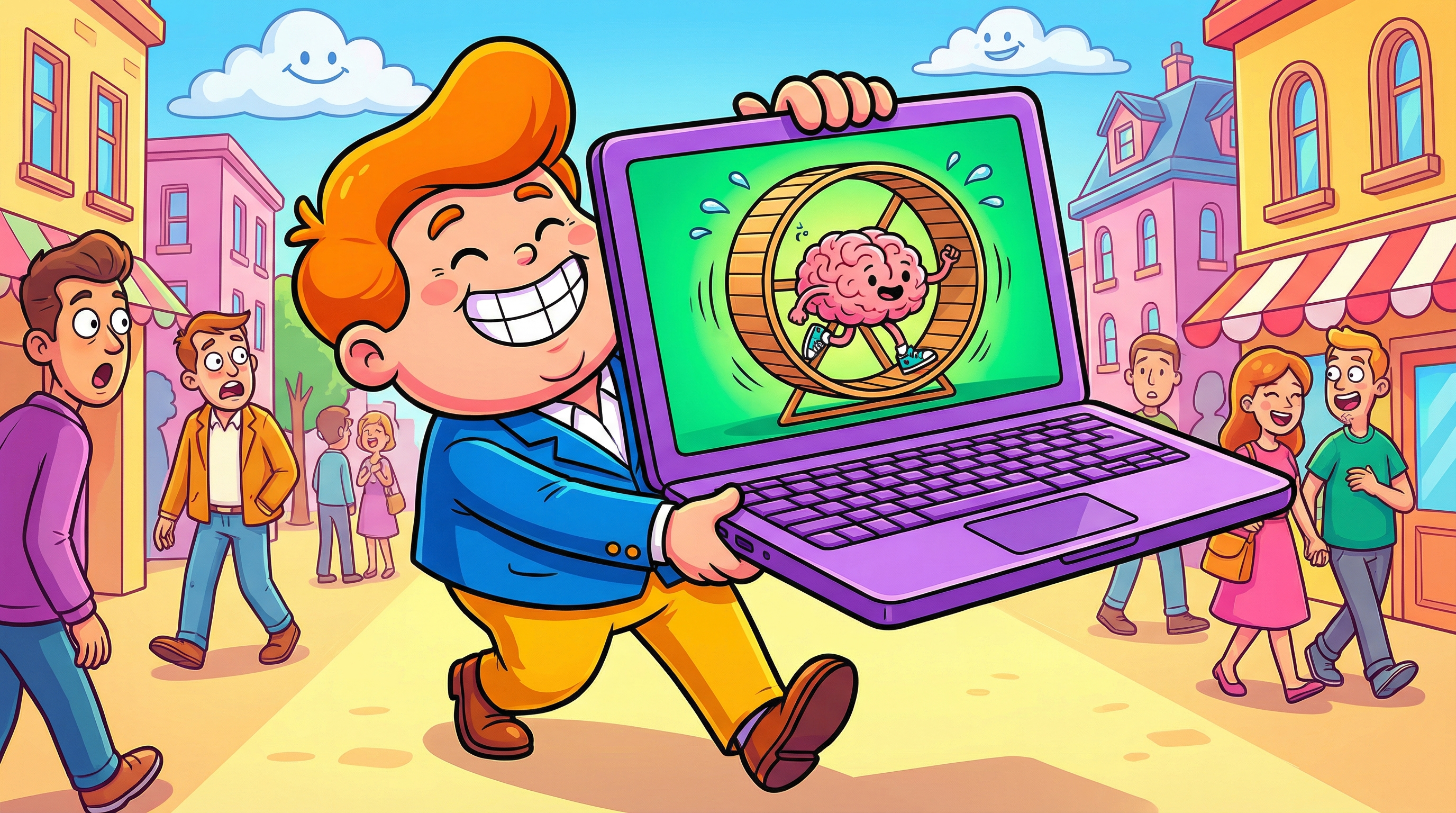 Proud cartoon person carrying a laptop with a tiny brain running on a hamster wheel inside