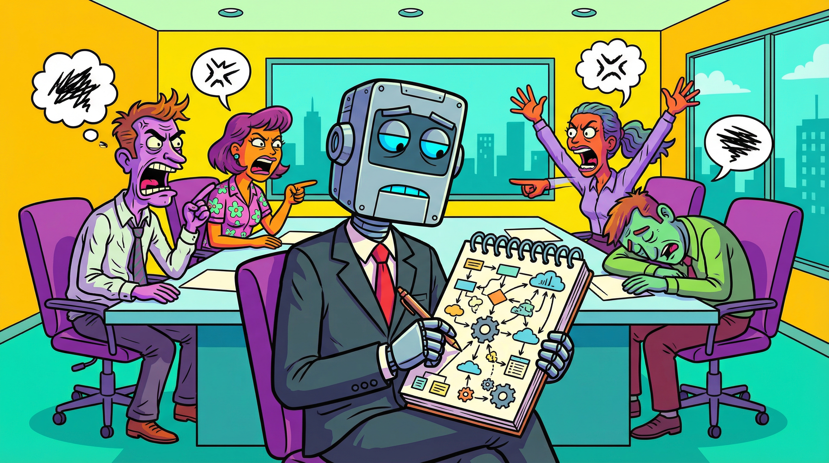 Bored cartoon robot in a business suit doodling workflow diagrams during an office meeting