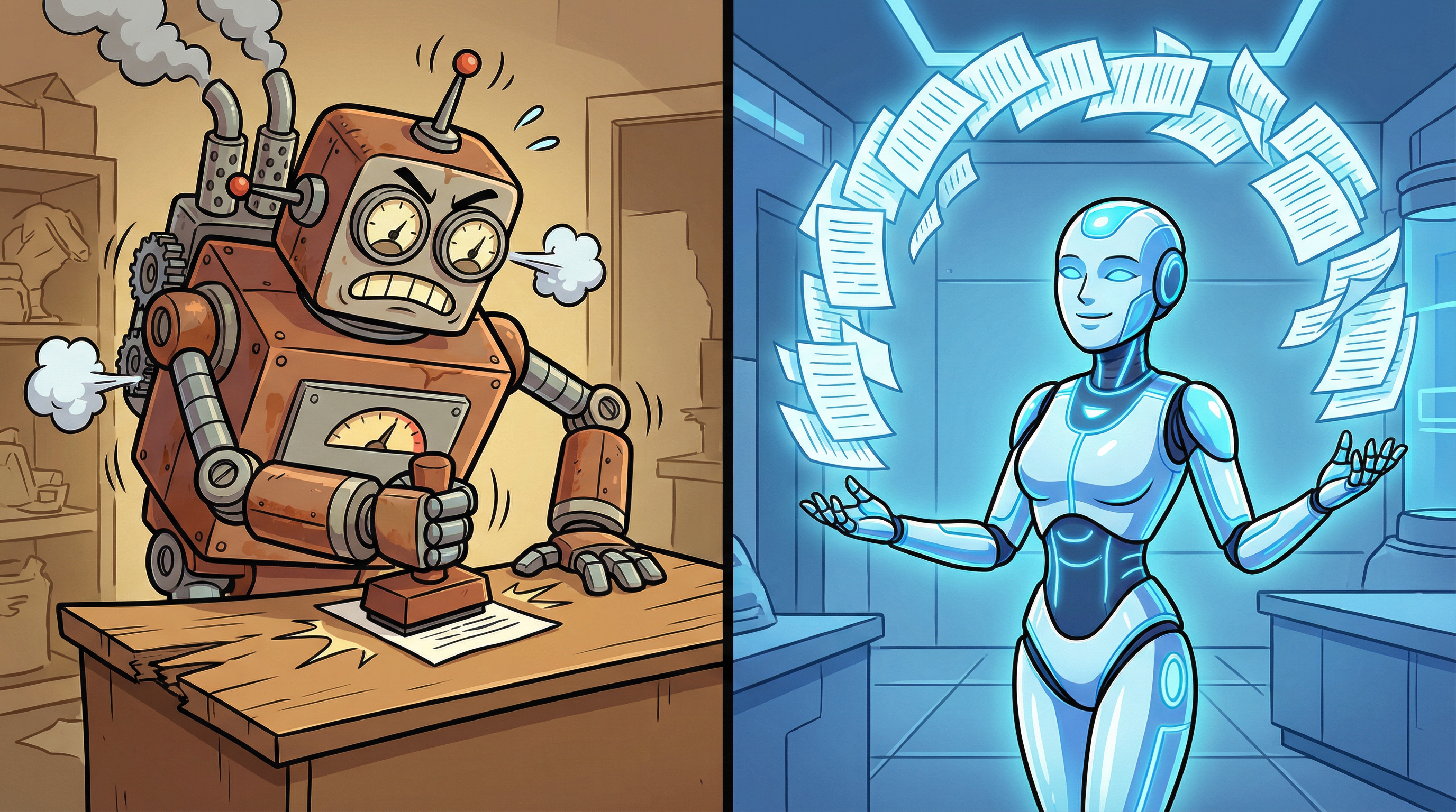 Clunky retro robot crushing a desk next to a sleek modern robot juggling papers gracefully