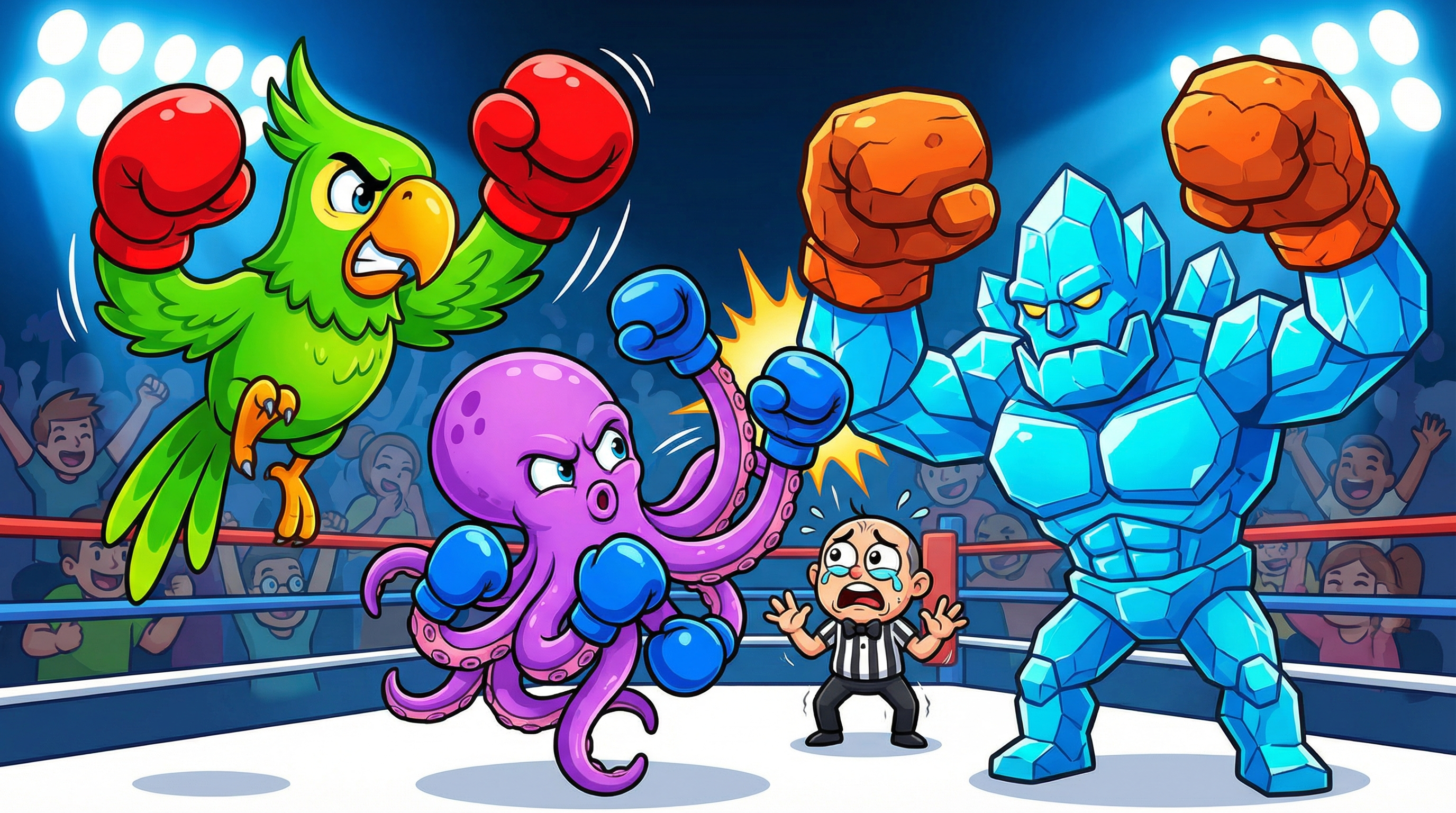Three cartoon mascots boxing in a ring while a tiny overwhelmed referee watches