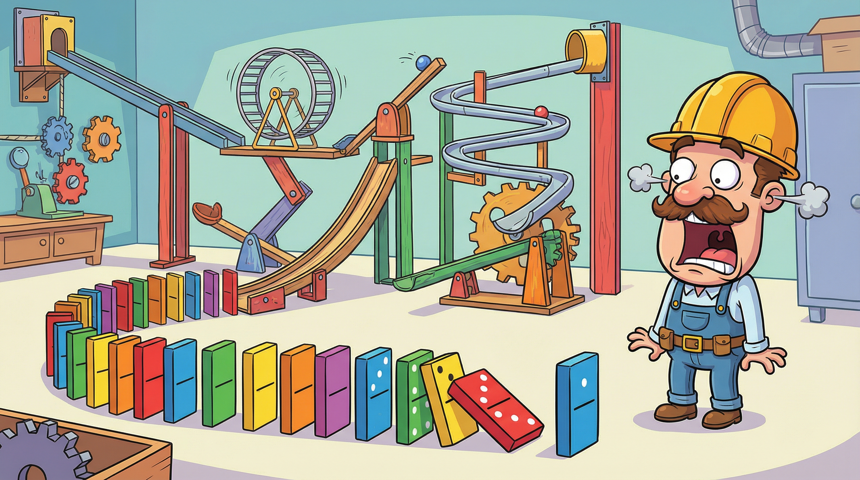 Elaborate Rube Goldberg machine stopped by one domino falling just short of the next