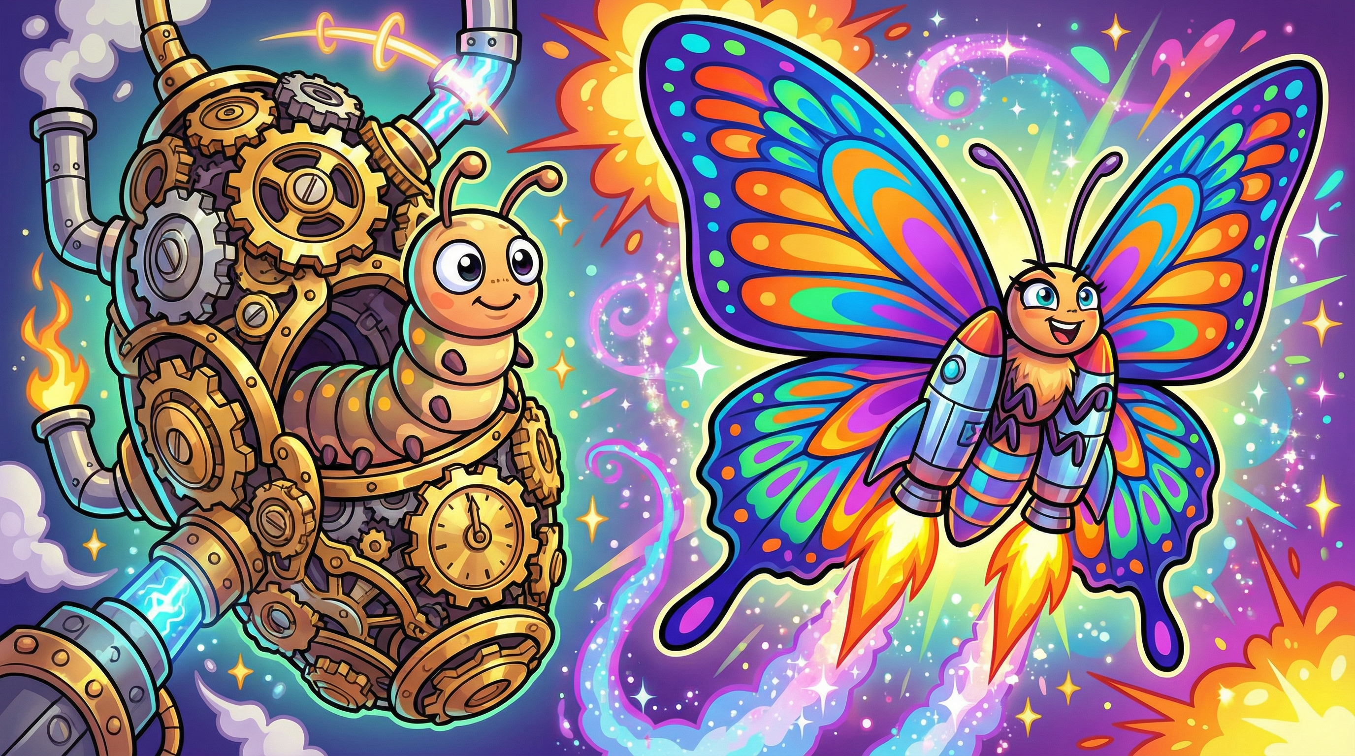 Cartoon caterpillar entering a gear cocoon and emerging as a butterfly with rocket boosters