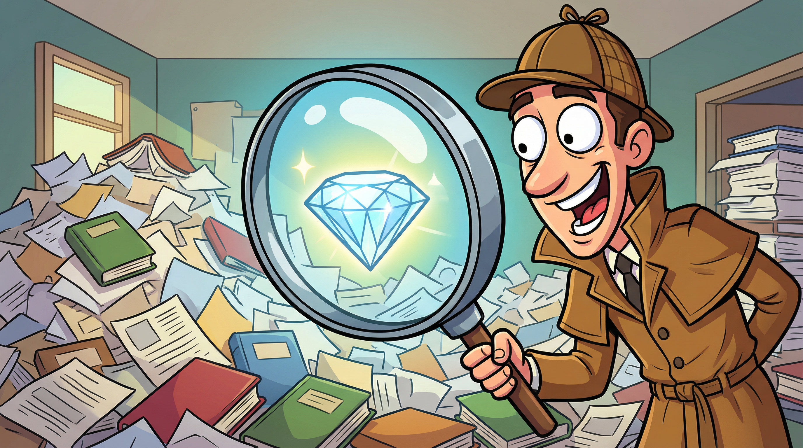 Cartoon detective finding a glowing diamond in a mountain of scattered papers