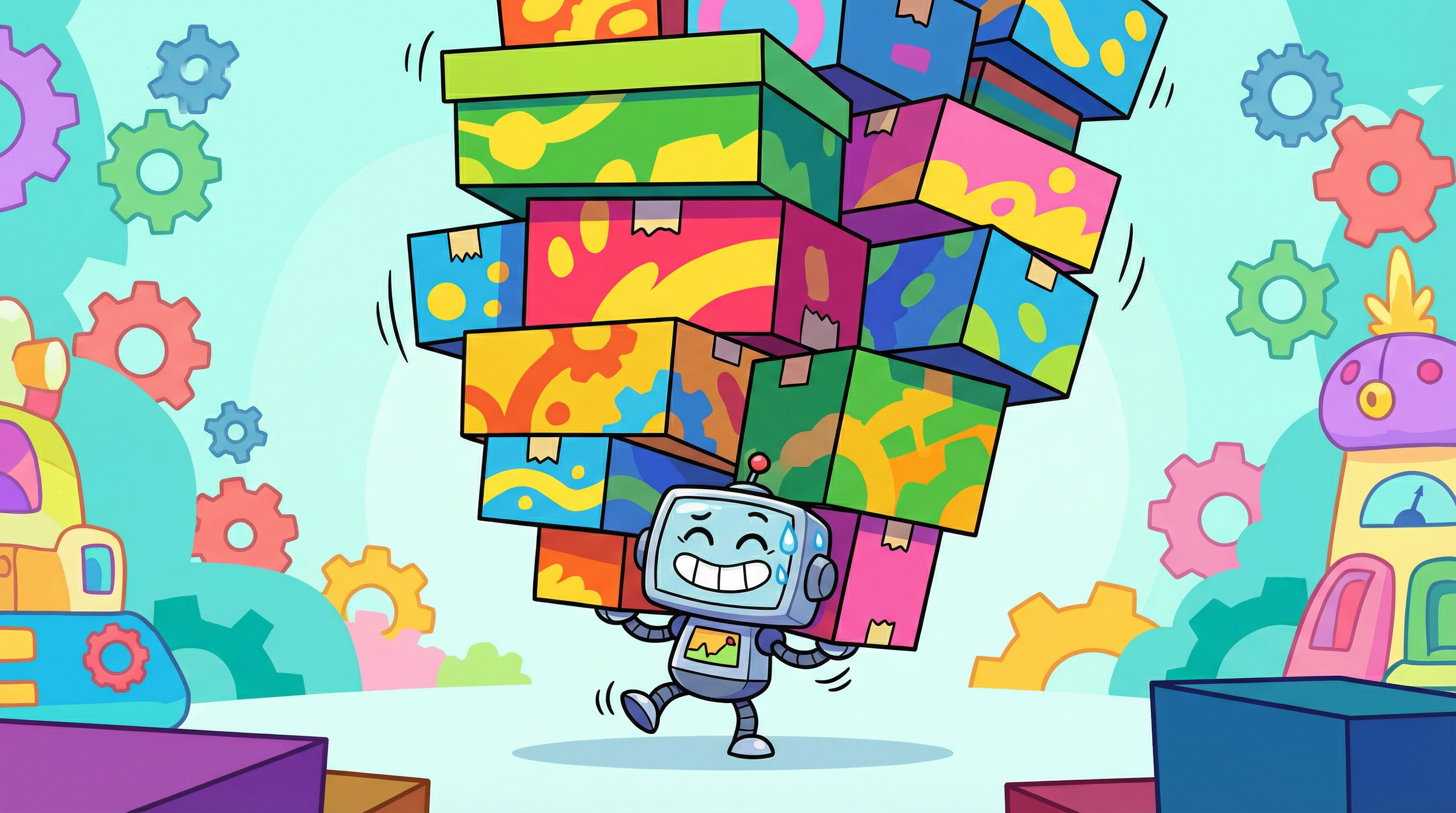Tiny determined cartoon robot struggling to carry an enormous towering stack of colorful boxes