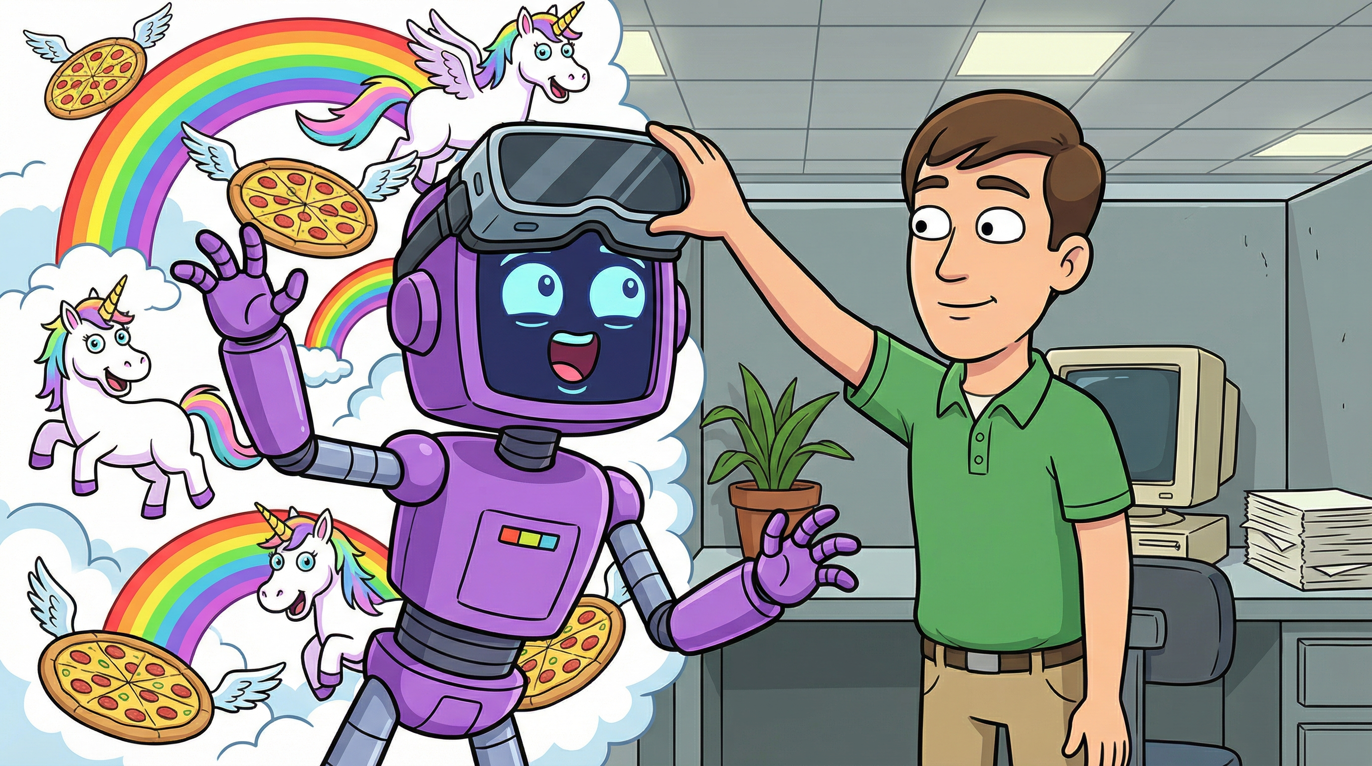 Cartoon robot in VR goggles seeing unicorns while someone removes the goggles revealing an office