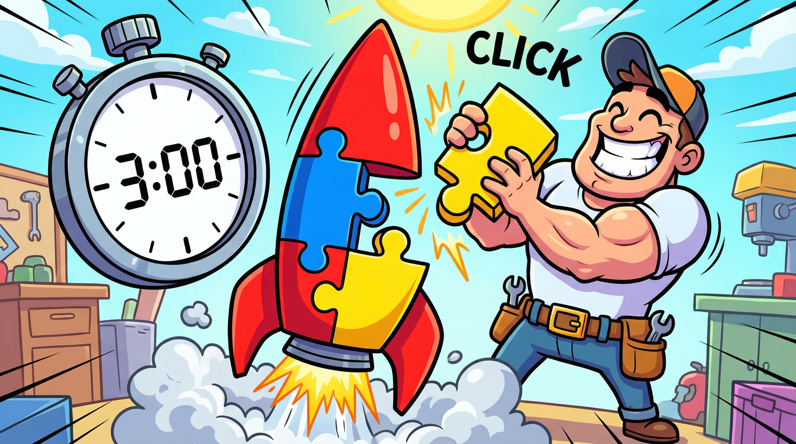 Cartoon person snapping together a three-piece rocket puzzle next to a stopwatch