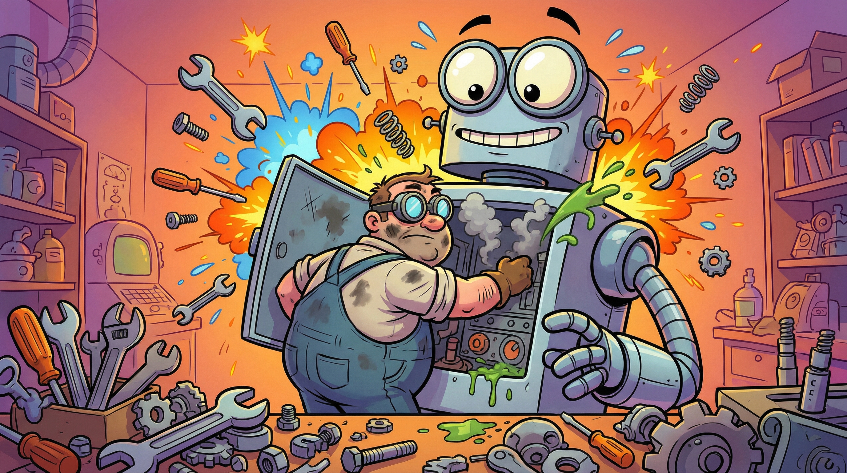 Cartoon mechanic elbow-deep inside a nervous robot chest panel with tools flying everywhere
