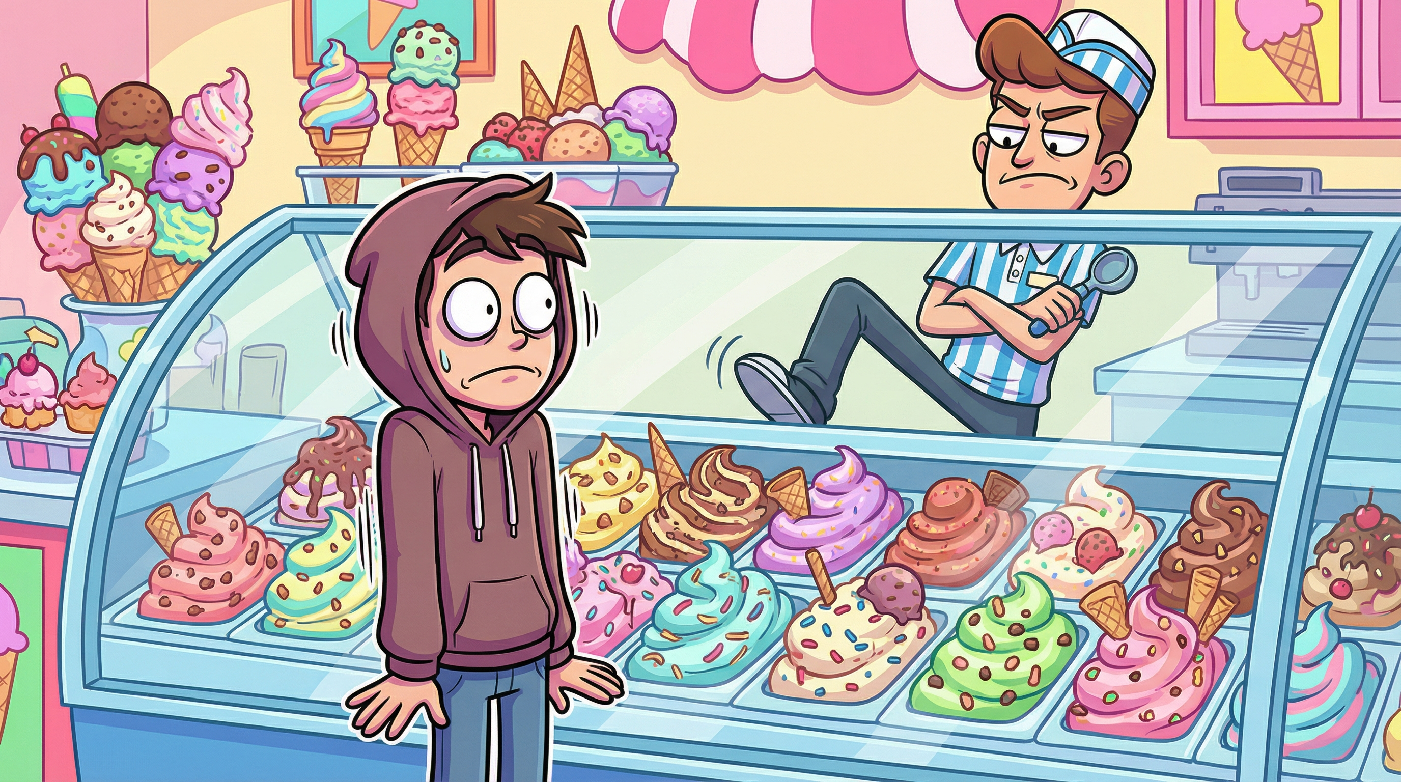 Overwhelmed cartoon person paralyzed by choices at a giant ice cream counter