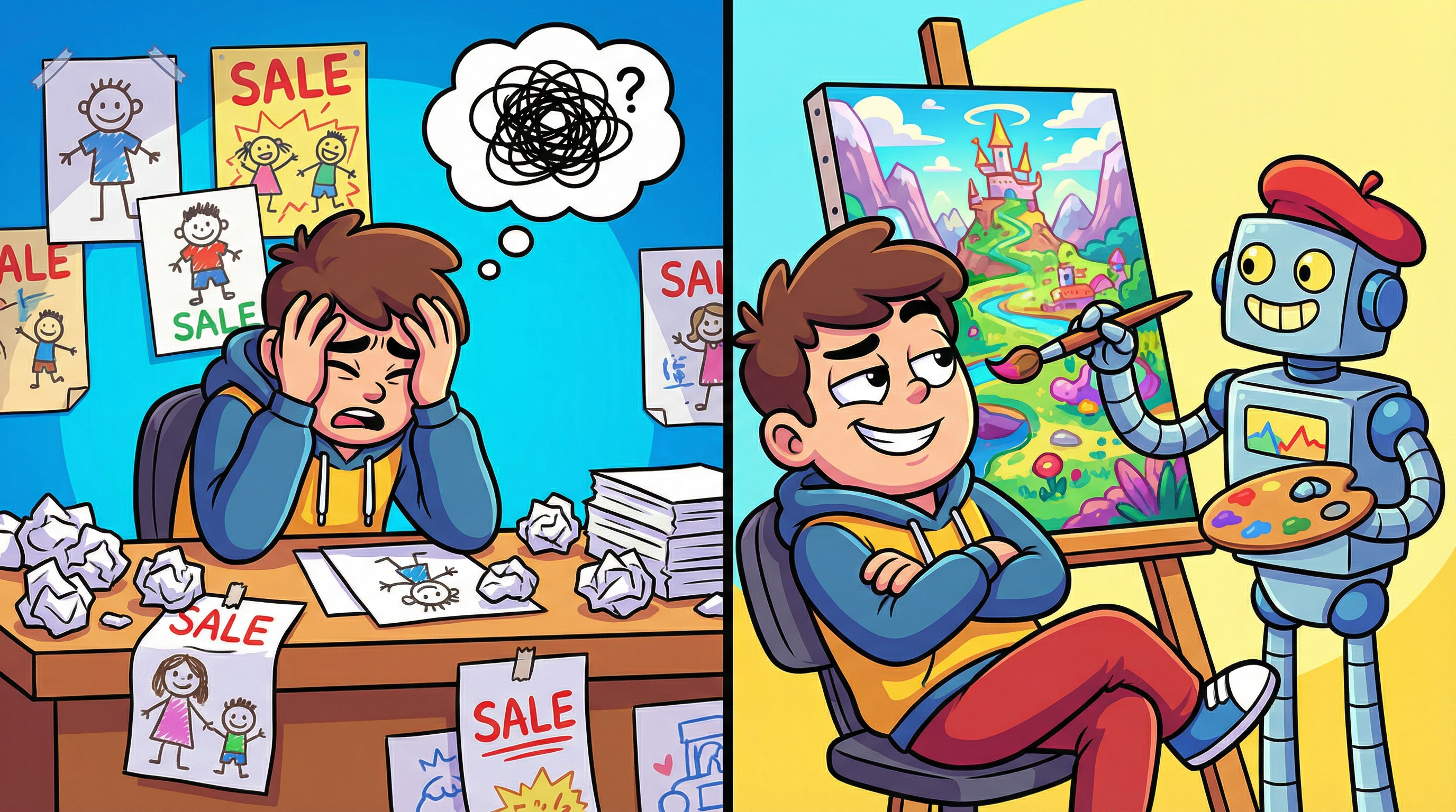 Split scene of frustrated person with bad drawings and smug robot painting a masterpiece