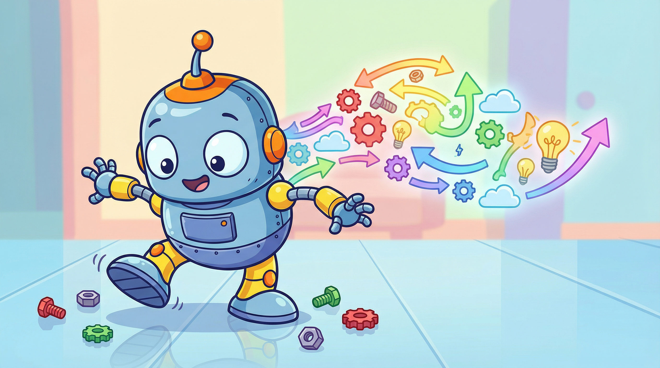 Adorable baby robot taking wobbly first steps with workflow arrows trailing like a cape