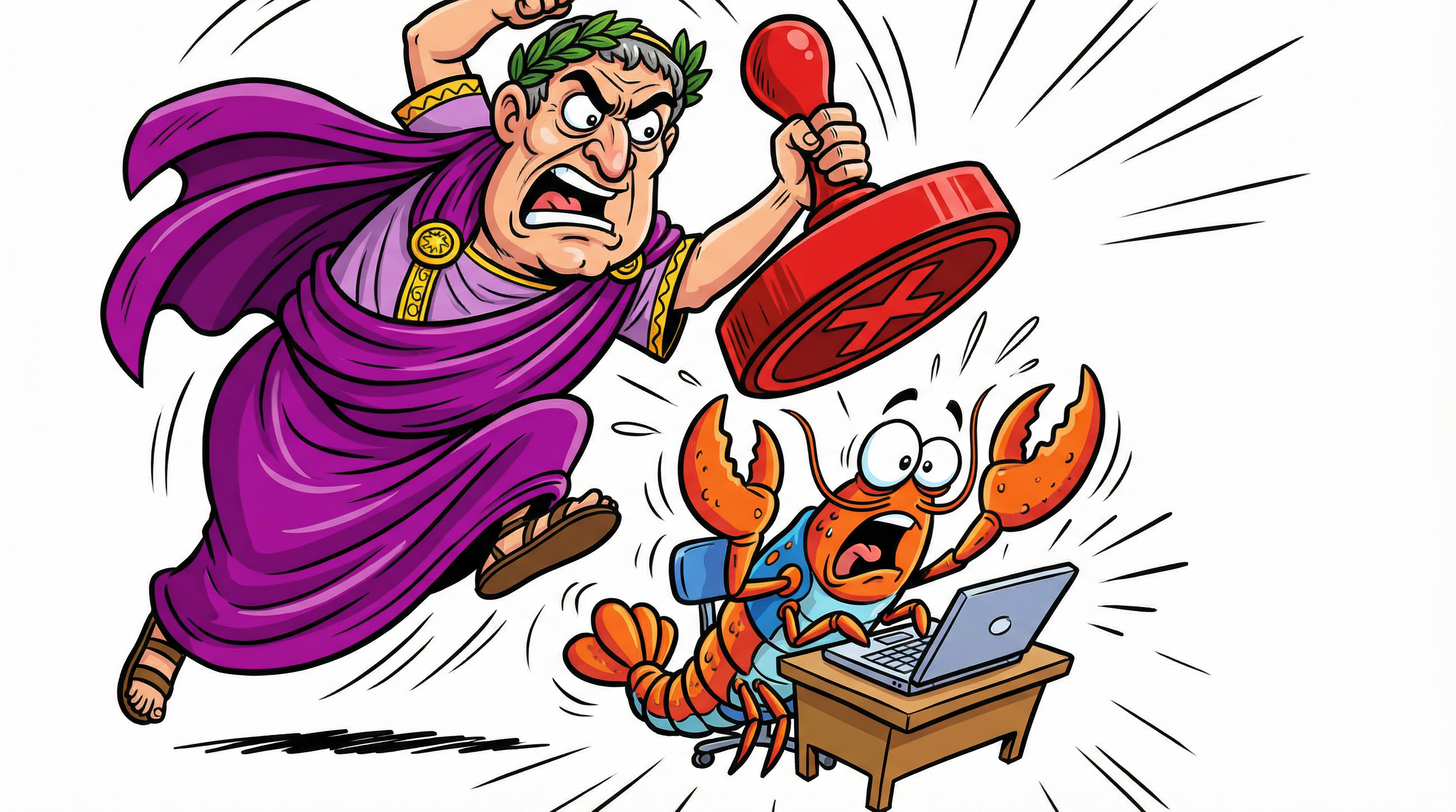 Cartoon Roman emperor slamming a banned stamp toward a startled lobster at a laptop