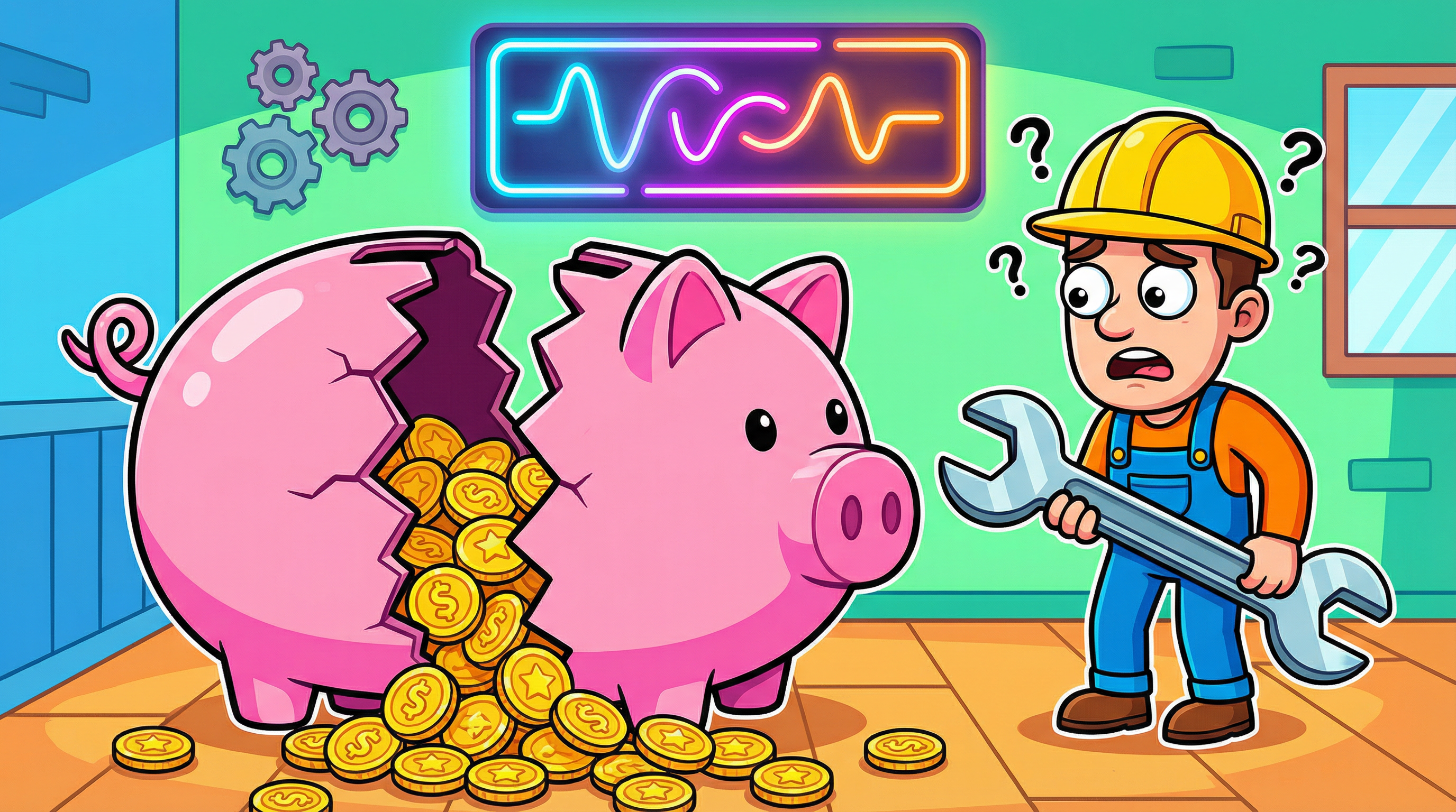Cartoon piggy bank cracking open with coins spilling while a confused engineer watches