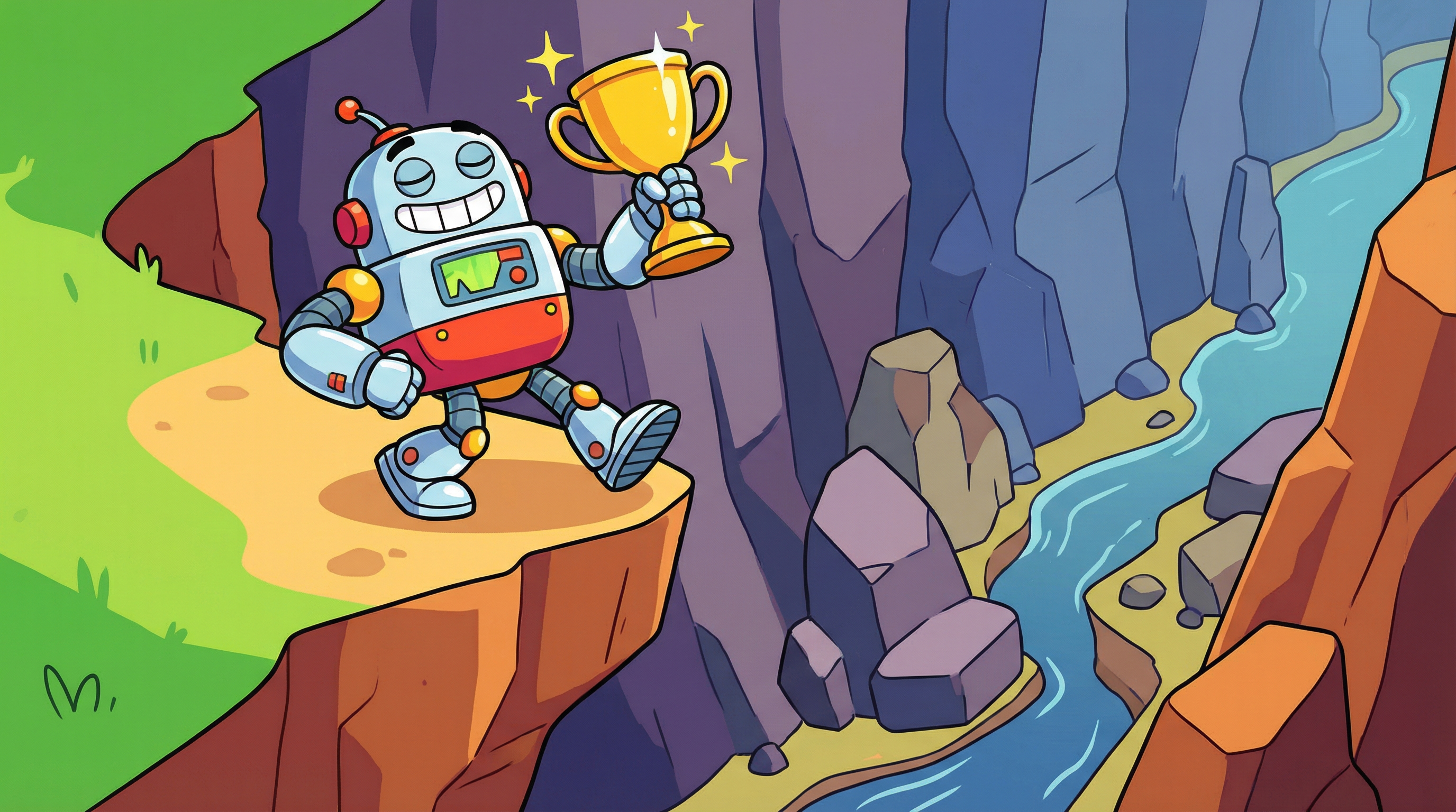 Confident cartoon robot walking off a cliff edge holding a golden trophy