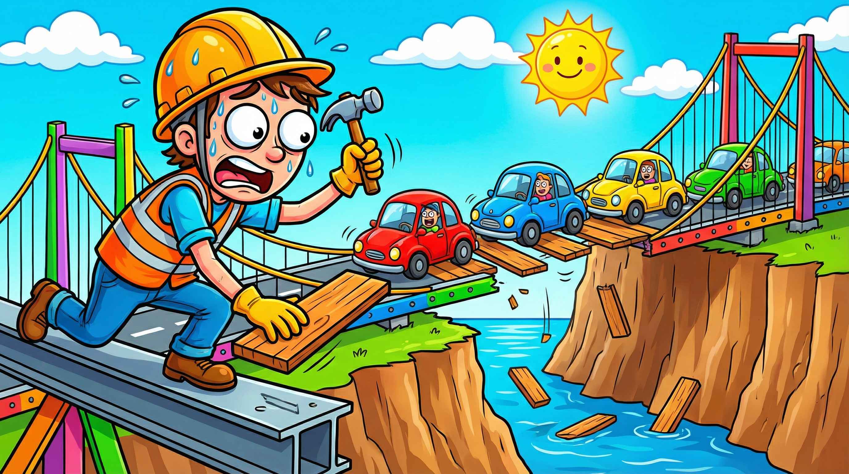 Frantic cartoon construction worker building a bridge while cars already drive across it
