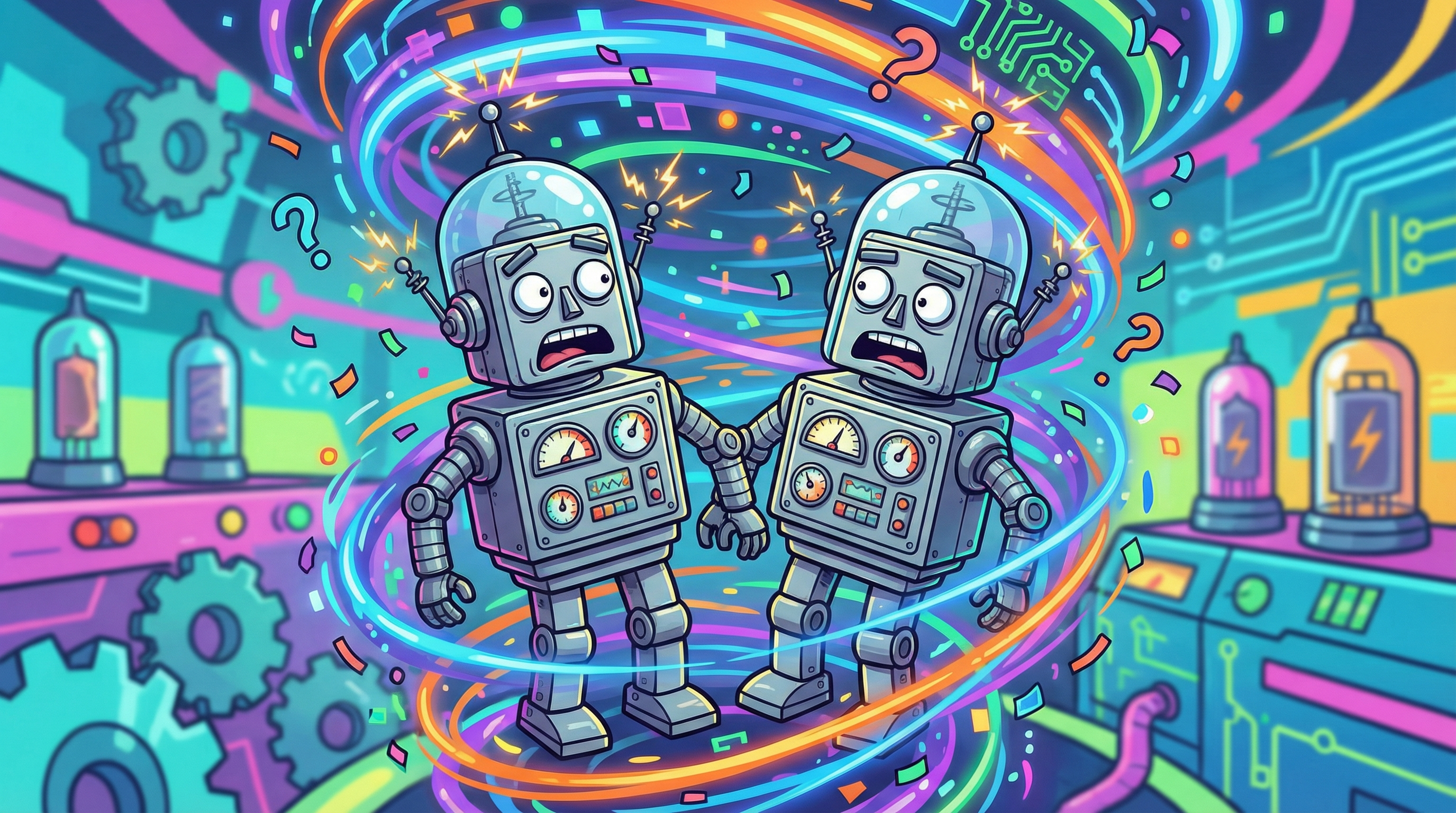 Two baffled retro 1950s robots staring at a chaotic swirl of modern AI data streams