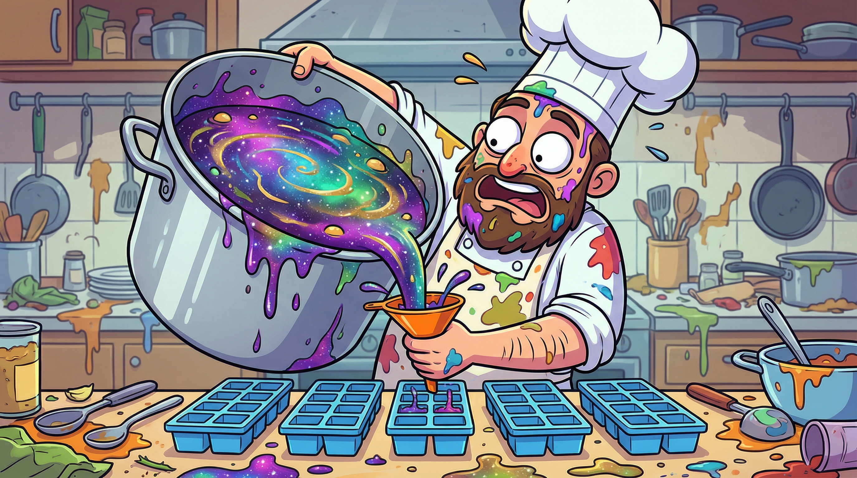 Panicked cartoon chef pouring galaxy soup through a tiny funnel into ice cube trays