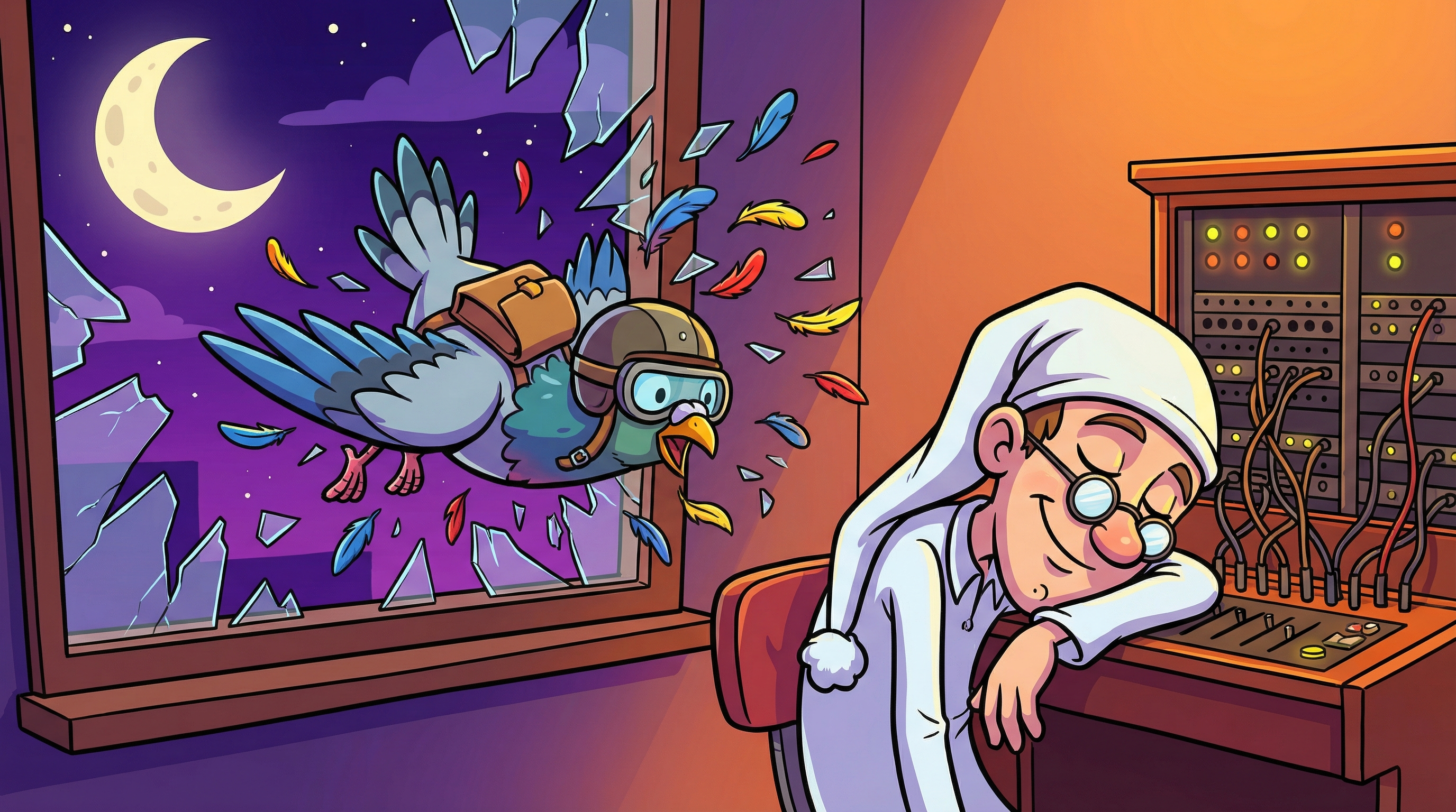 Cartoon messenger pigeon crash-landing into a window at night while a phone operator sleeps