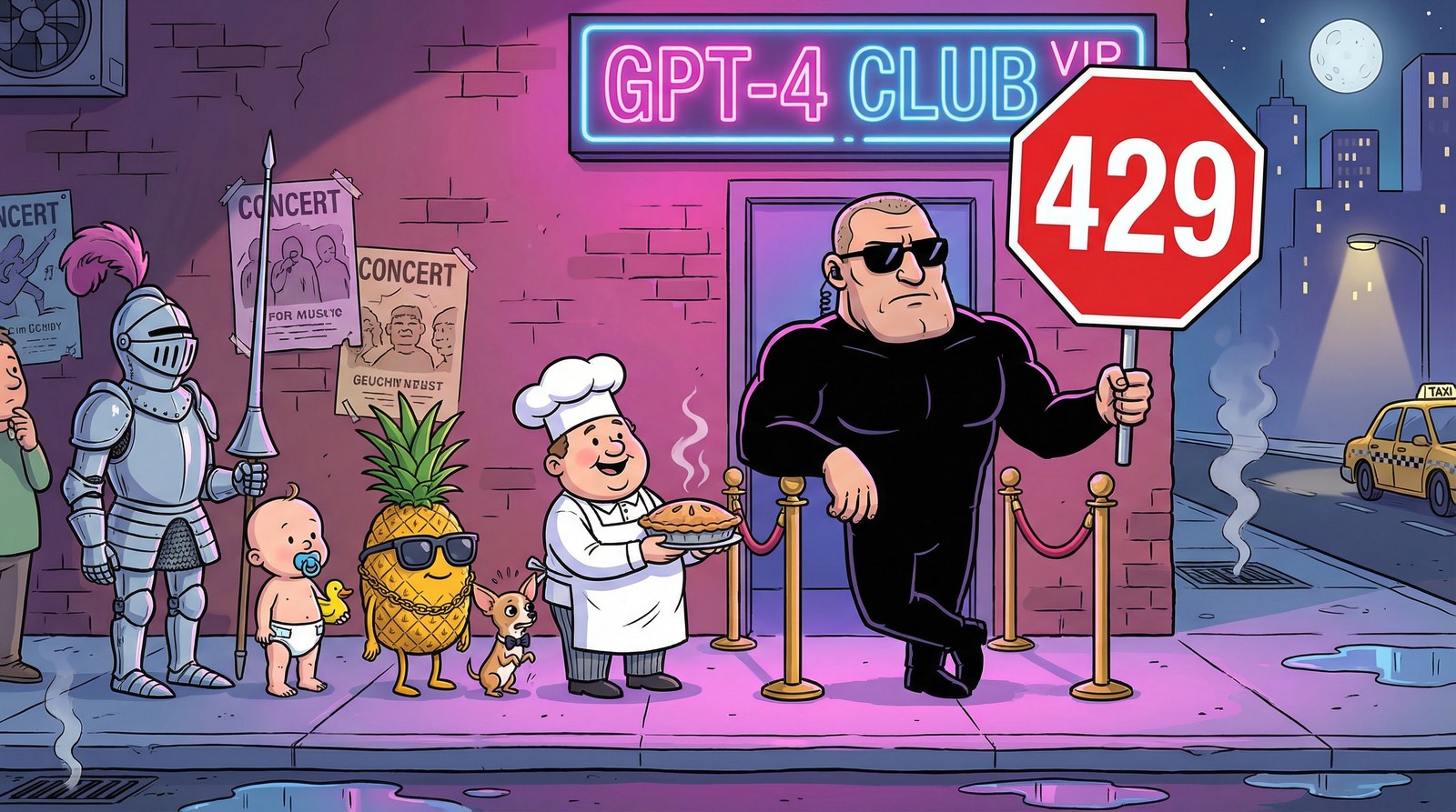 Deadpan nightclub bouncer outside a neon GPT-4 Club entrance holding up a giant 429 stop sign to turn away an absurd velvet-rope lineup: a medieval knight, a toddler, a pineapple in sunglasses, a chihuahua and a baker with a pie.