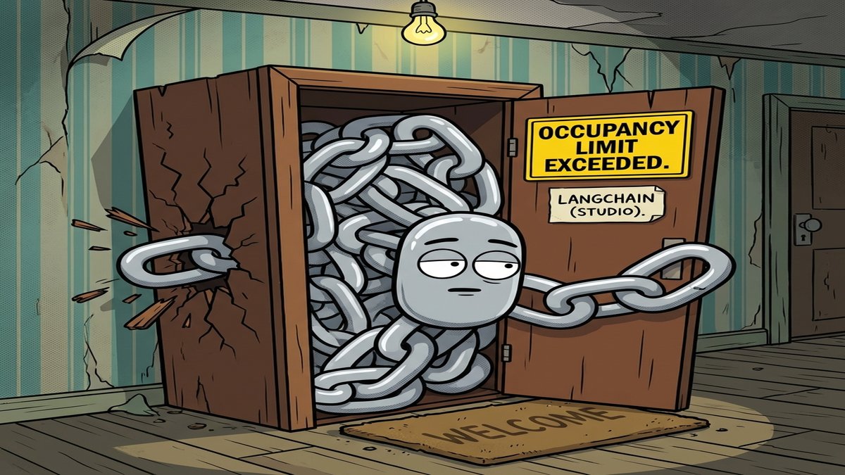 A cartoon chain character crammed inside a tiny broom closet labeled LANGCHAIN, with an OCCUPANCY LIMIT EXCEEDED sign above the door