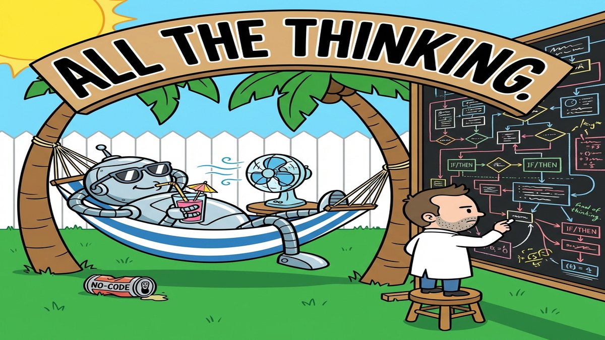 A cartoon robot relaxing in a hammock with a tropical drink while a tiny human fills a giant chalkboard labeled ALL THE THINKING with flowcharts