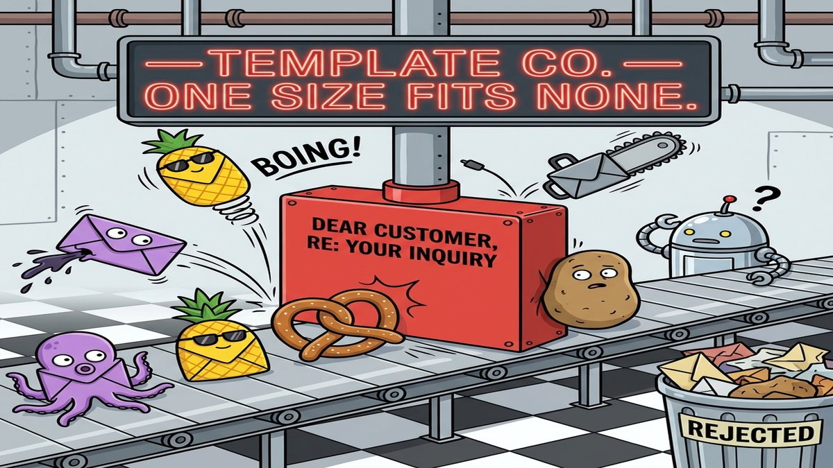 A factory conveyor belt of weirdly shaped emails bouncing off a rigid rectangular template press labeled TEMPLATE CO ONE SIZE FITS NONE
