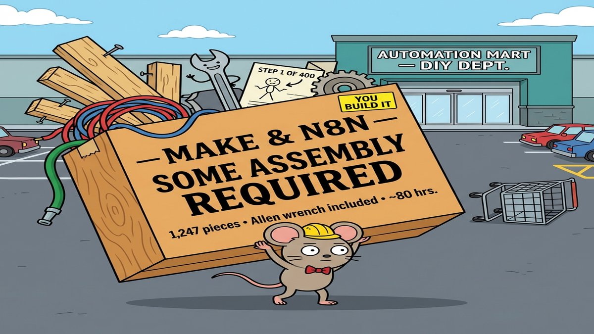 A small cartoon mouse in a bowtie carrying a massive flat-pack box labeled MAKE AND N8N SOME ASSEMBLY REQUIRED out of an Automation Mart store