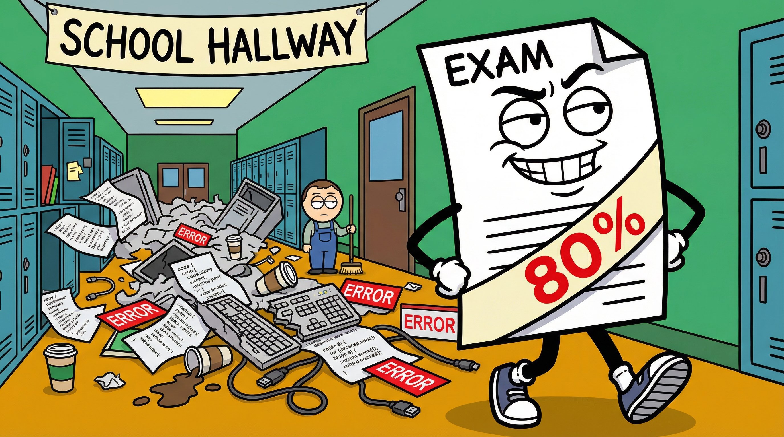Smug anthropomorphized exam paper marked 80% strutting down a school hallway trailing a massive mess of crumpled code while a tiny janitor stares