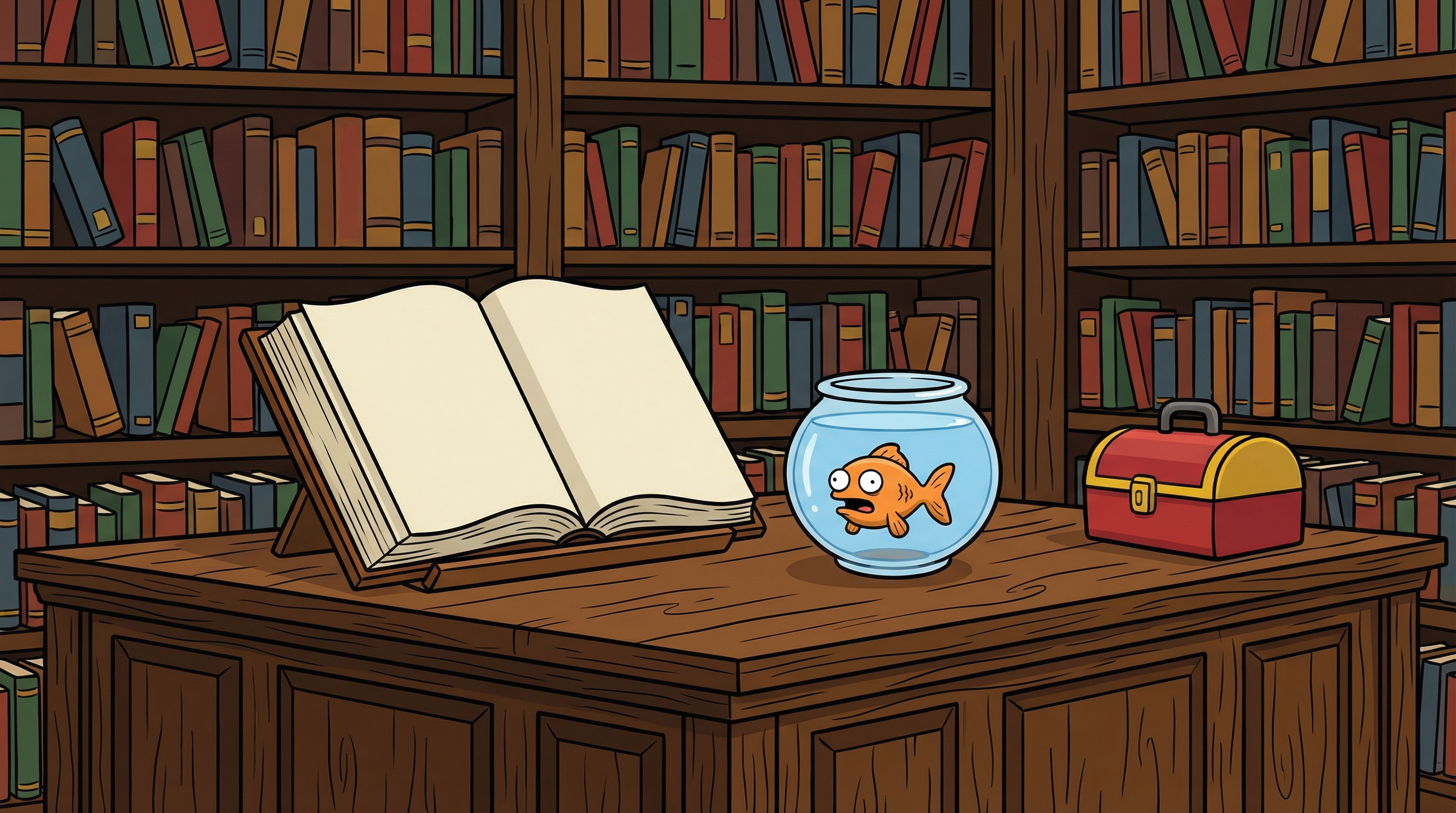 Cartoon goldfish in a fishbowl staring blankly at an enormous open book on a library desk