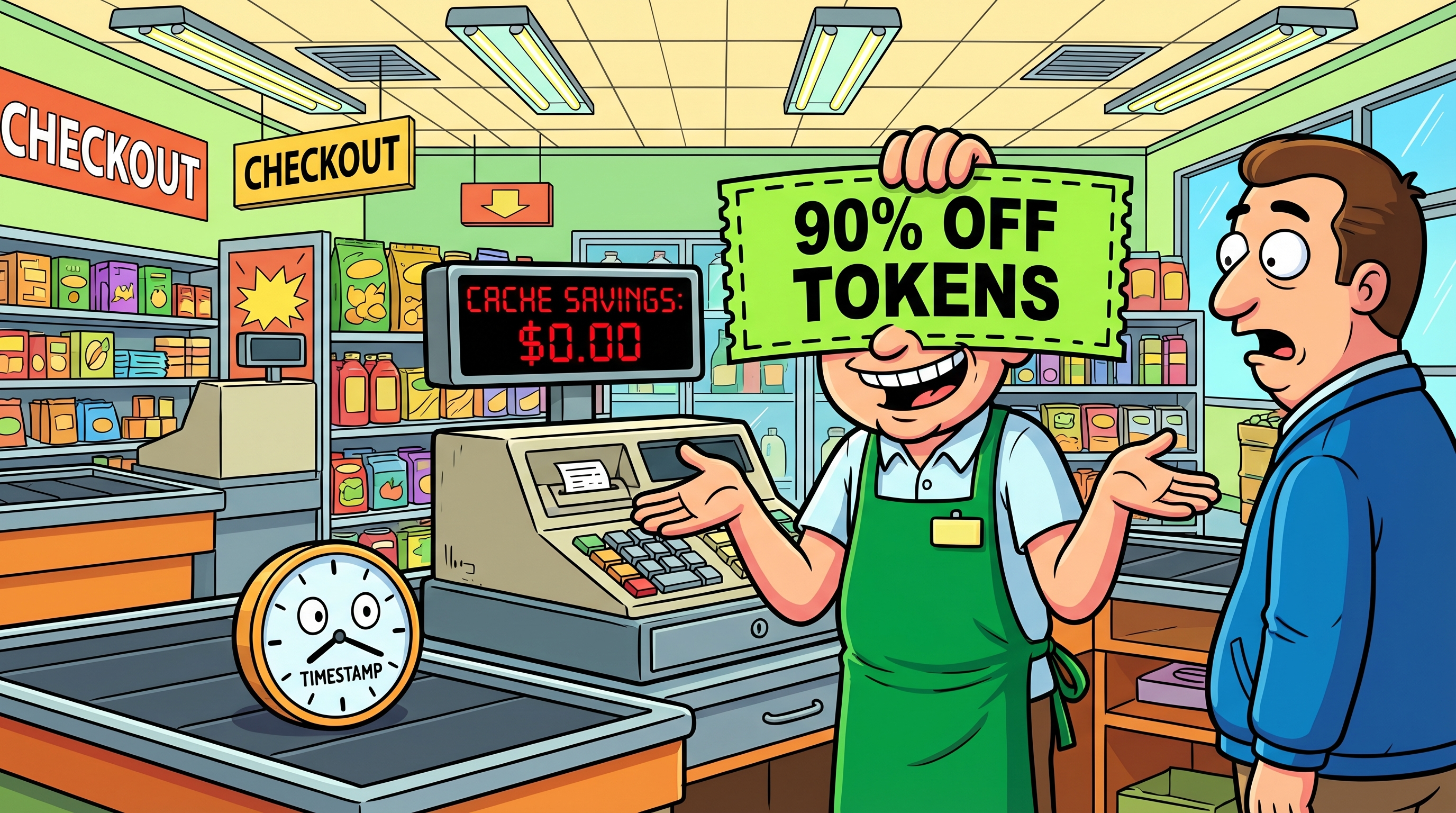 A cartoon supermarket cashier holding a 90% OFF coupon pointing at a clock labeled TIMESTAMP on the conveyor belt, register showing zero savings