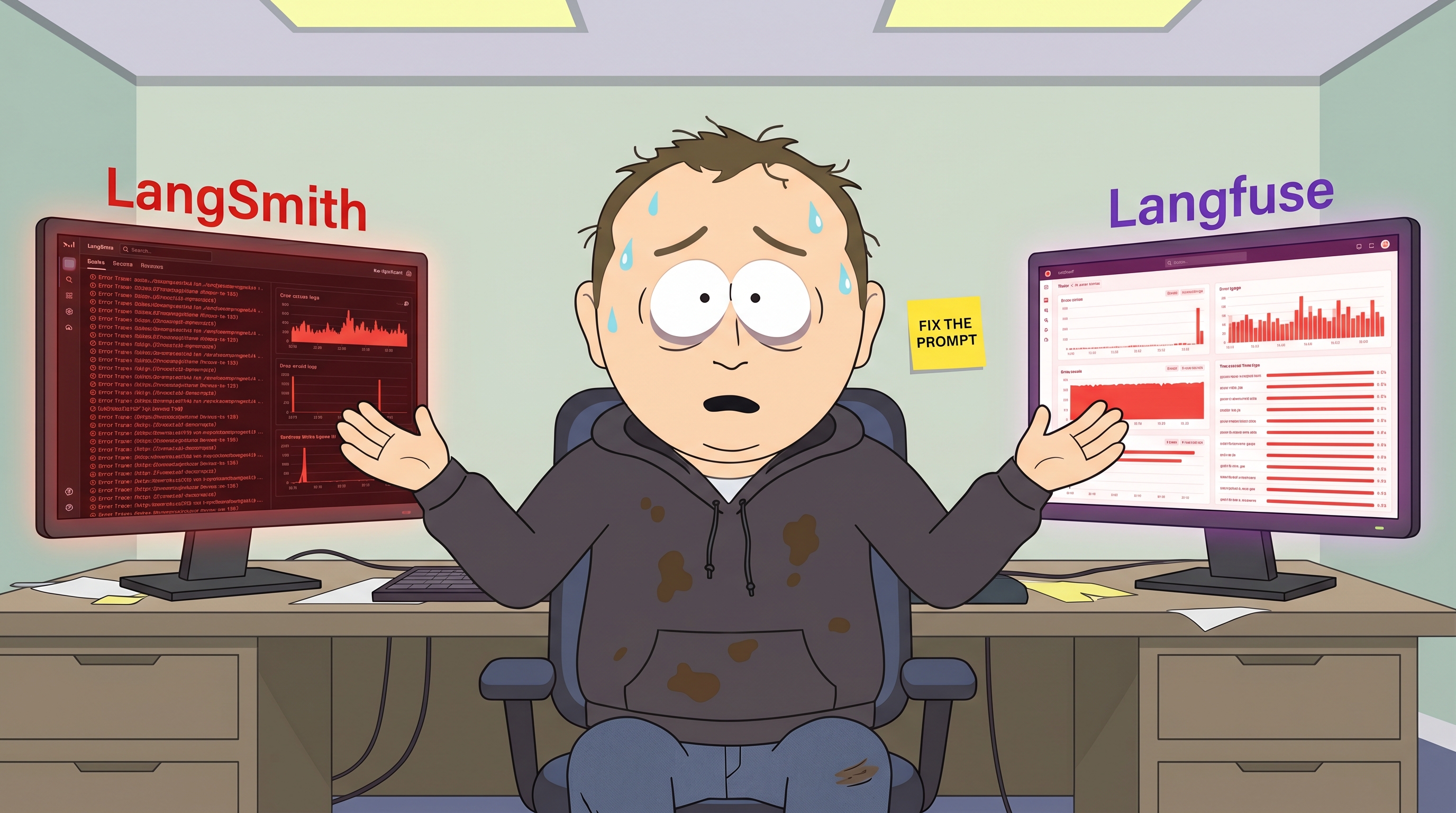 Cartoon developer panicking at two monitors showing LangSmith and Langfuse error traces, with a sticky note on the wall saying fix the prompt