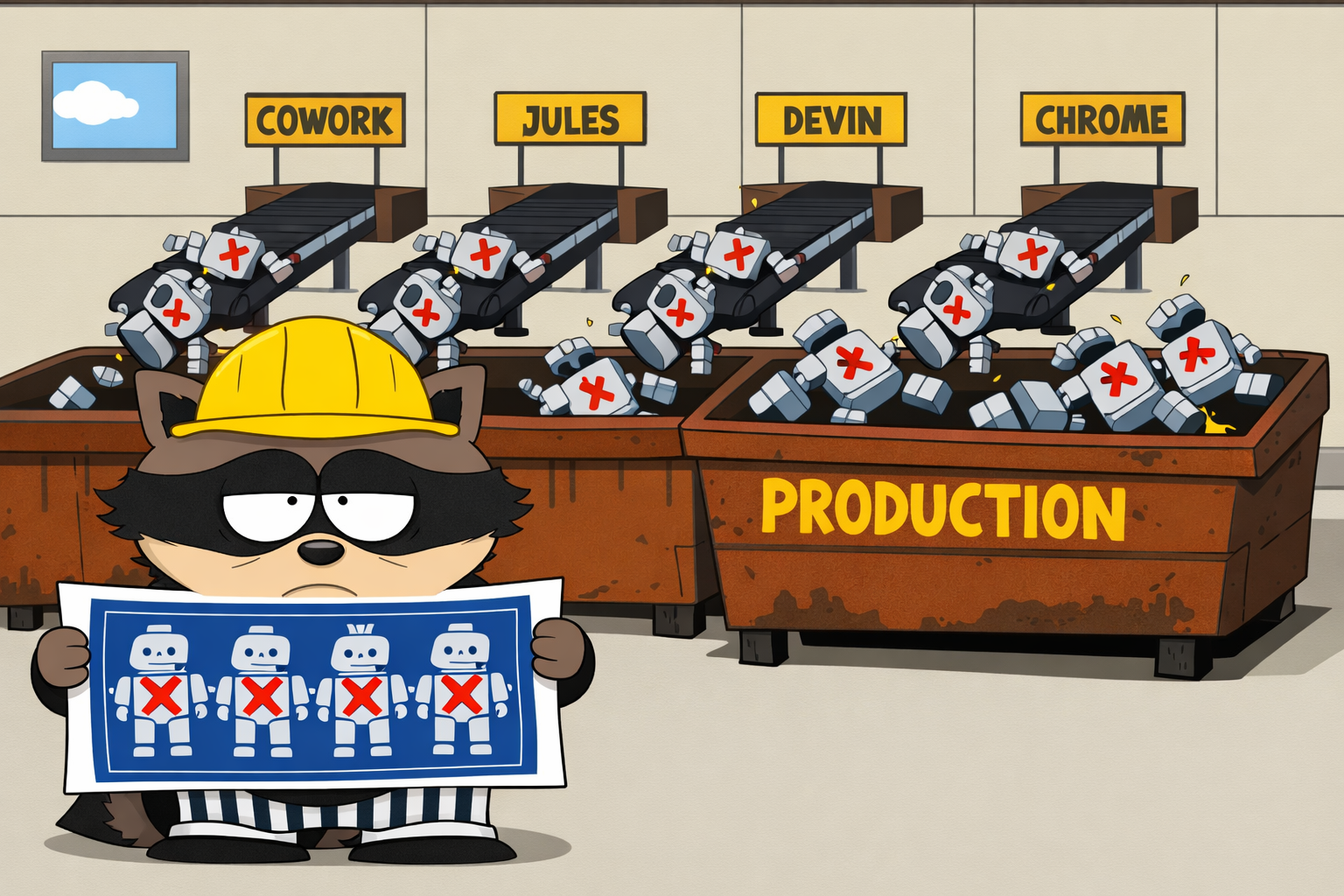 Cartoon raccoon engineer in hard hat holding blueprint with four identical robots marked with red X, standing before four dumpsters labeled Cowork Jules Devin Chrome overflowing with defective robots at PRODUCTION