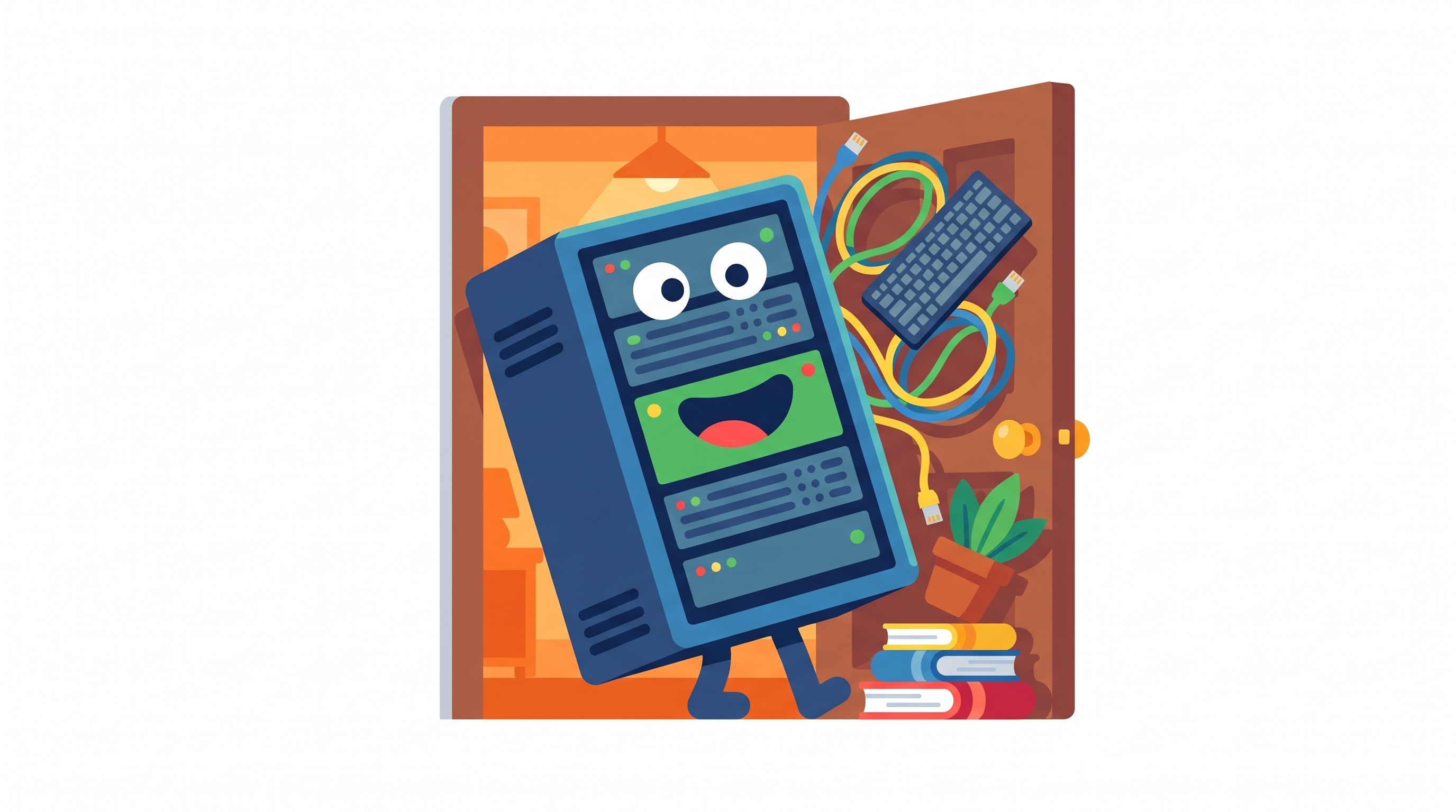 Cartoon server rack with googly eyes cheerfully trying to squeeze through a tiny apartment door, belongings flying everywhere