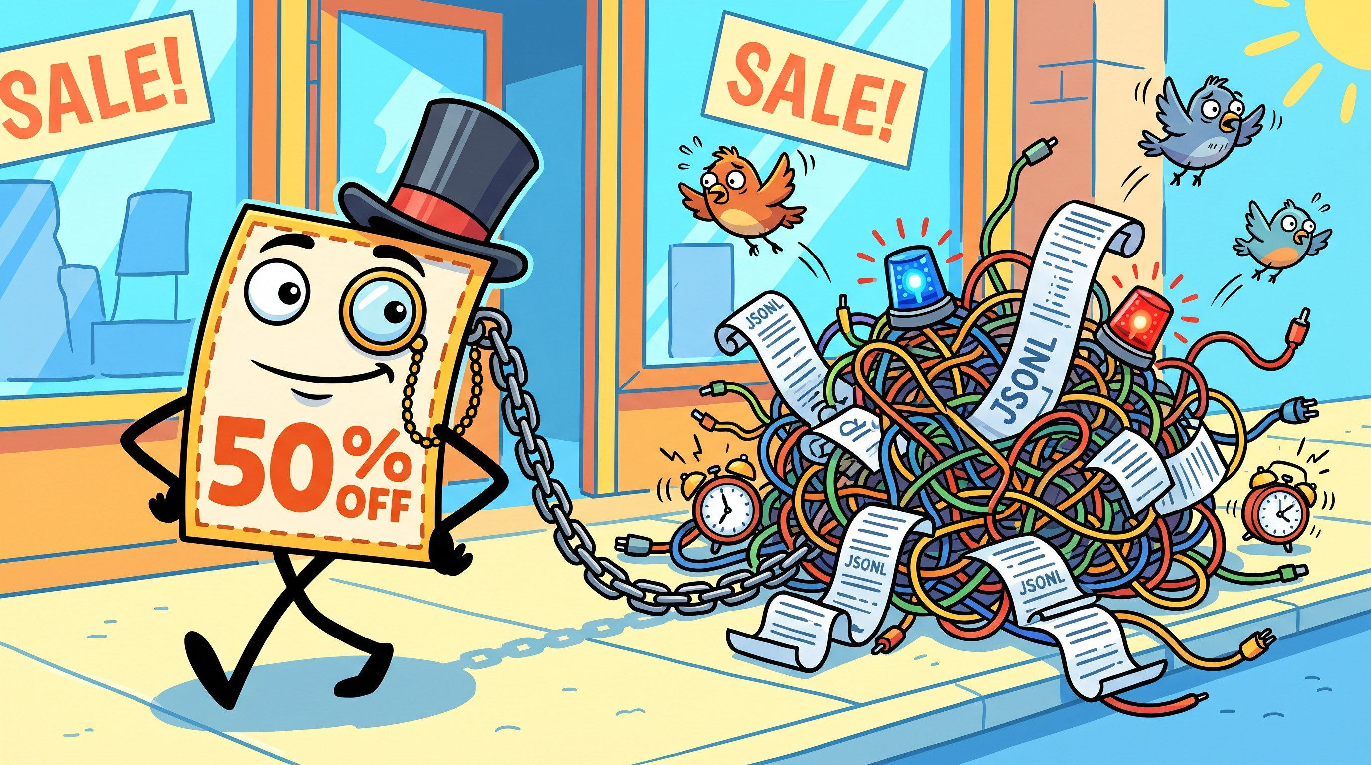 Smug cartoon coupon character with googly eyes strutting down a sidewalk dragging a massive tangled ball of cables and error lights