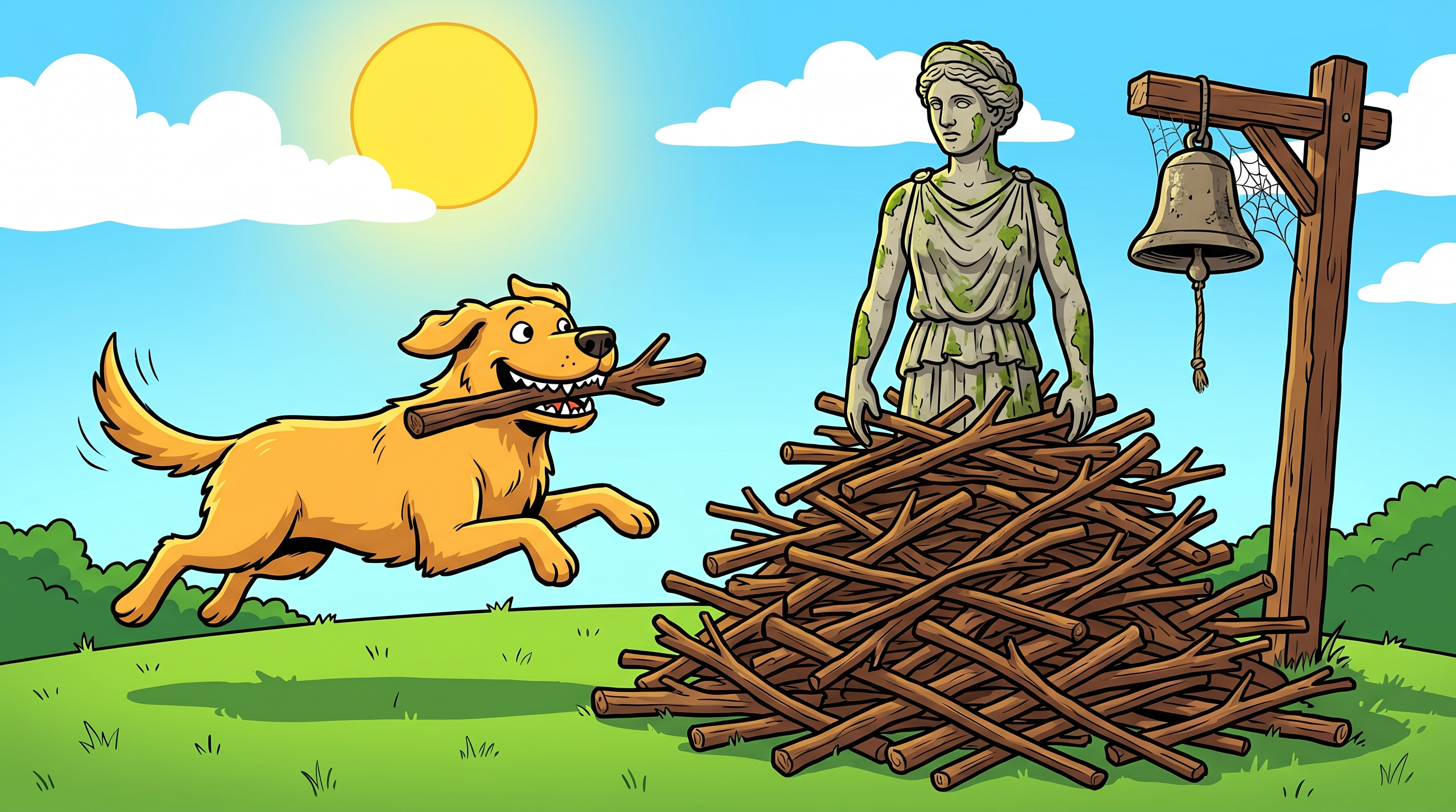 Cartoon golden retriever happily fetching sticks to an unresponsive stone statue surrounded by a huge pile of identical sticks
