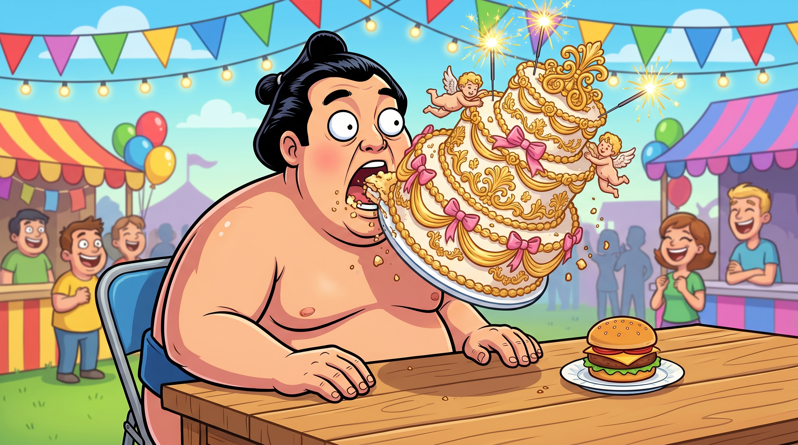 Cartoon sumo wrestler at a county fair eating contest, eyes popping with surprise, an elaborate multi-tiered baroque wedding cake stuck in his open mouth