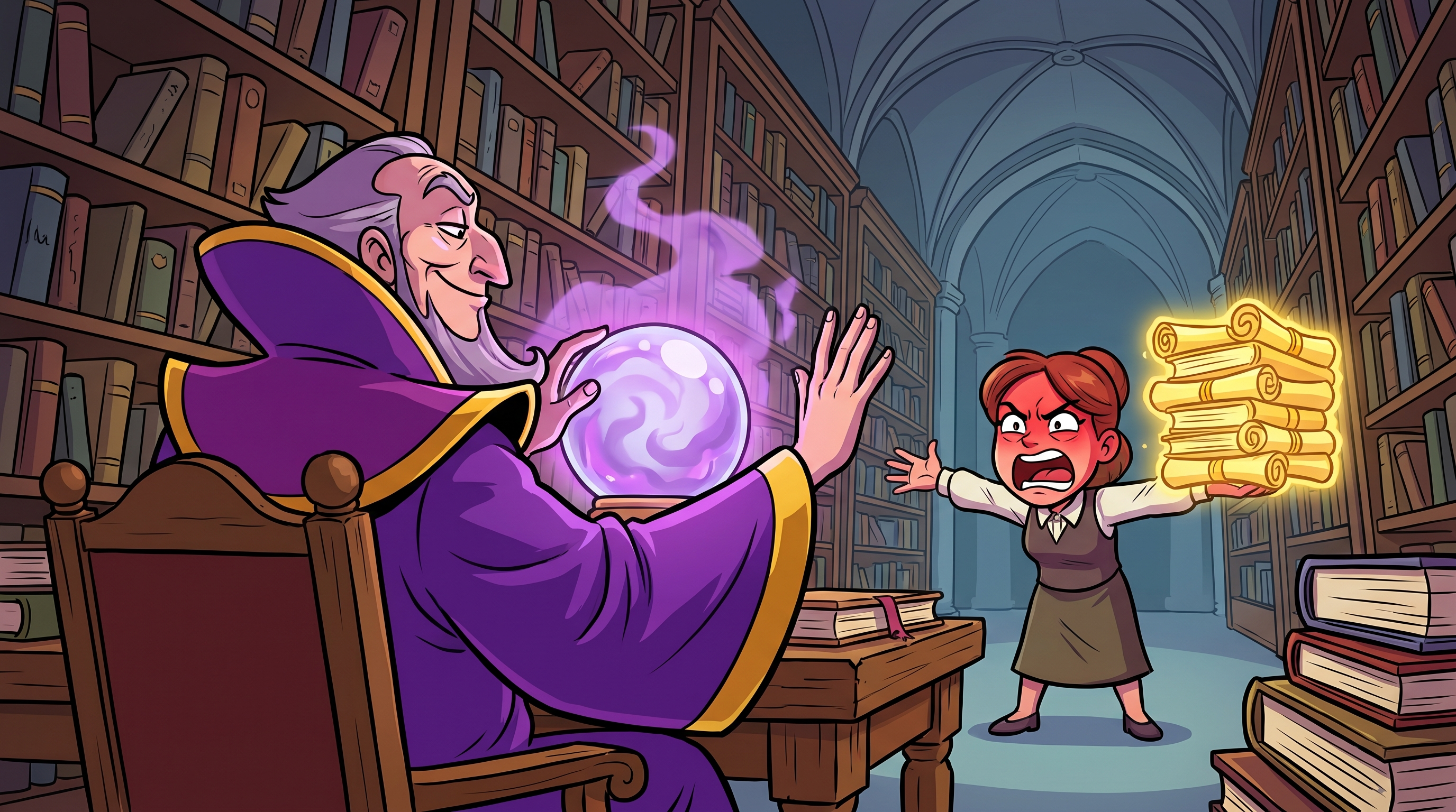 Pompous cartoon wizard in a fantasy library dismissively waving away a small librarian holding golden scrolls while peering into a glowing crystal ball
