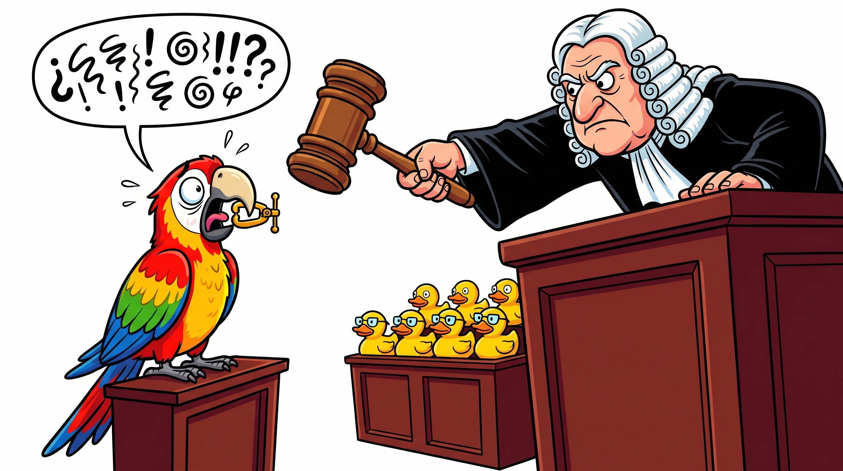 Cartoon parrot on a courtroom witness stand with beak clamped open, eyes wide with confusion, while a stern oversized judge points a giant gavel