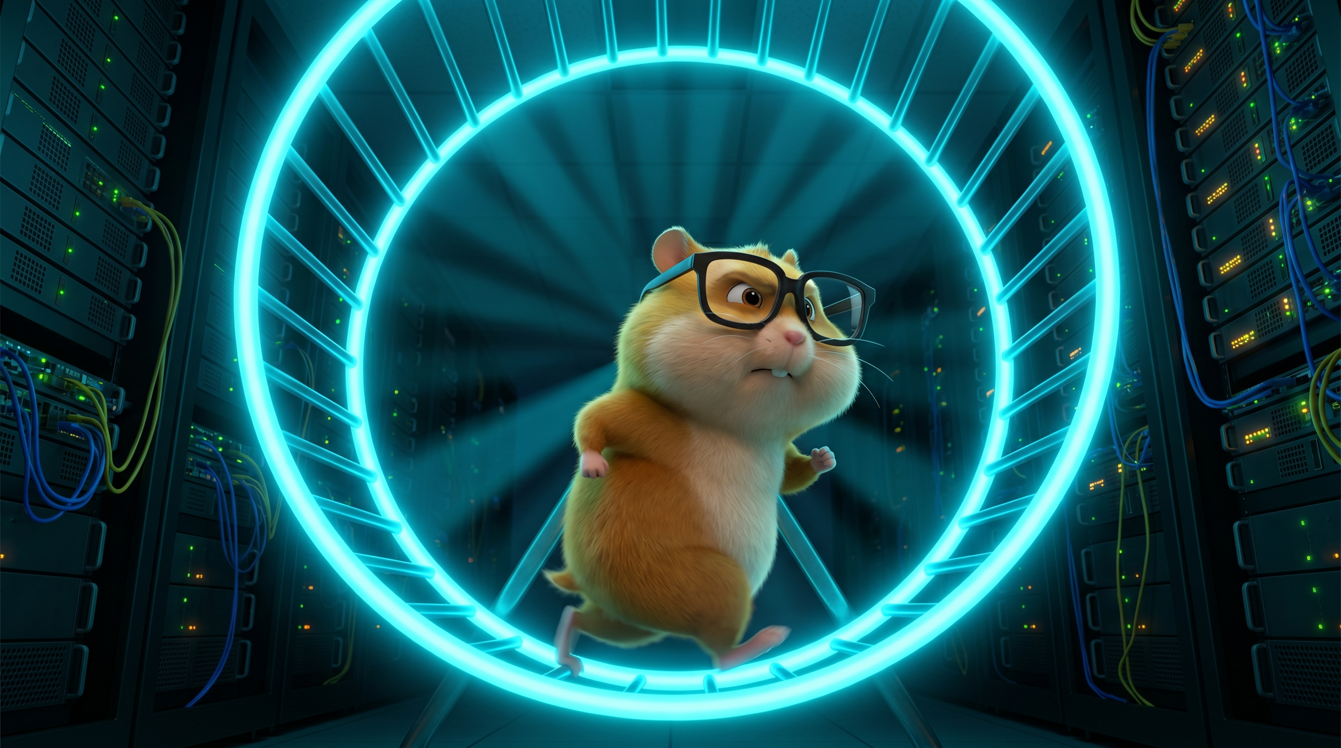 Determined cartoon hamster with oversized reading glasses sprinting inside an enormous glowing hamster wheel mounted in a dark server rack room