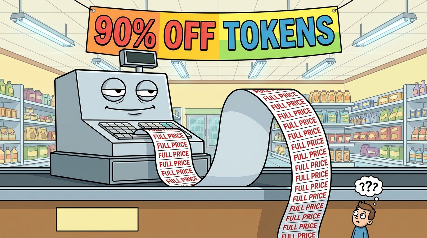Cartoon cash register with a smug face under a 90% OFF TOKENS banner, its receipt tape showing FULL PRICE on every line