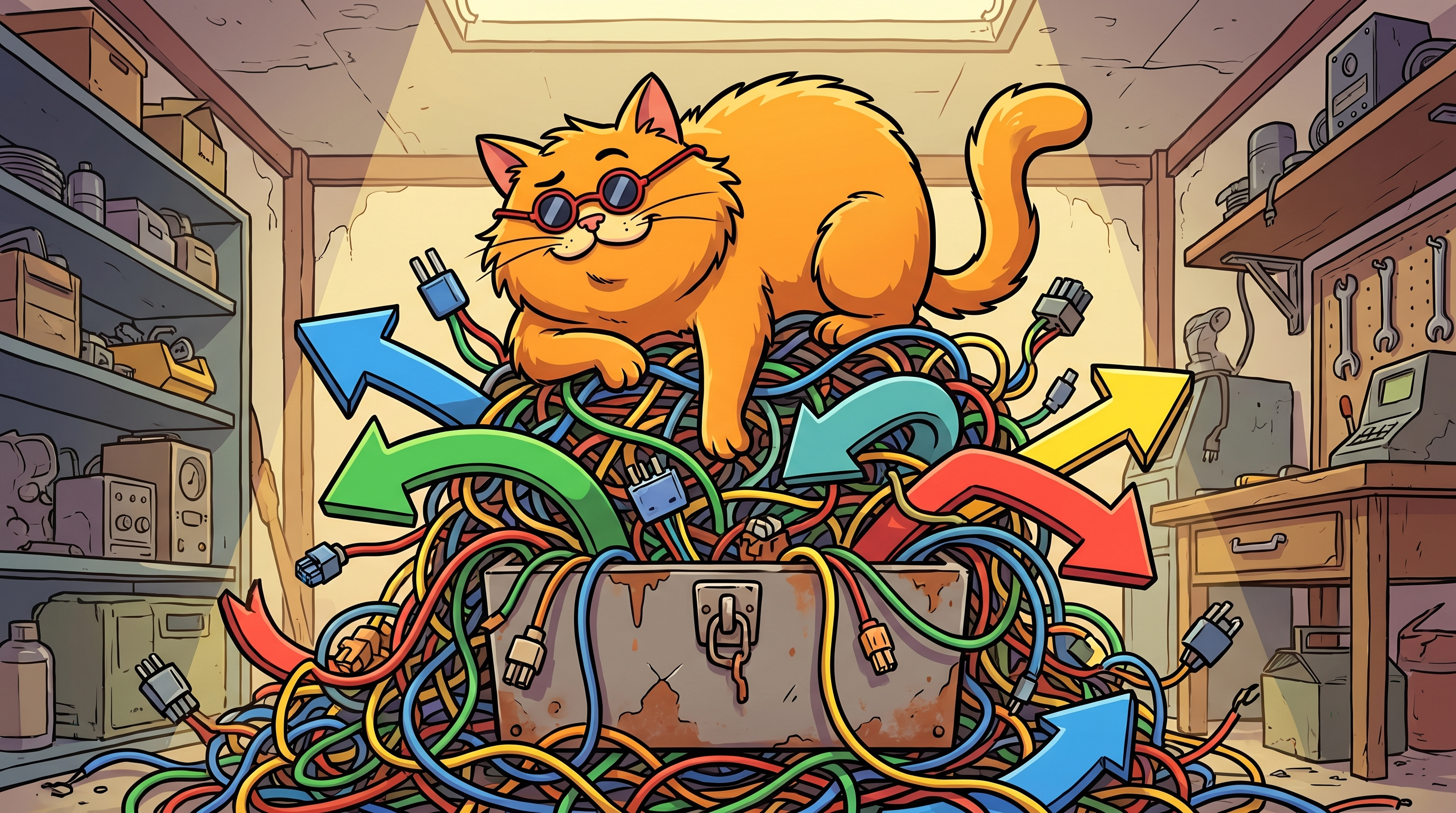 Bemused cartoon cat in sunglasses sitting atop a massive tangle of wires overflowing from a tiny toolbox